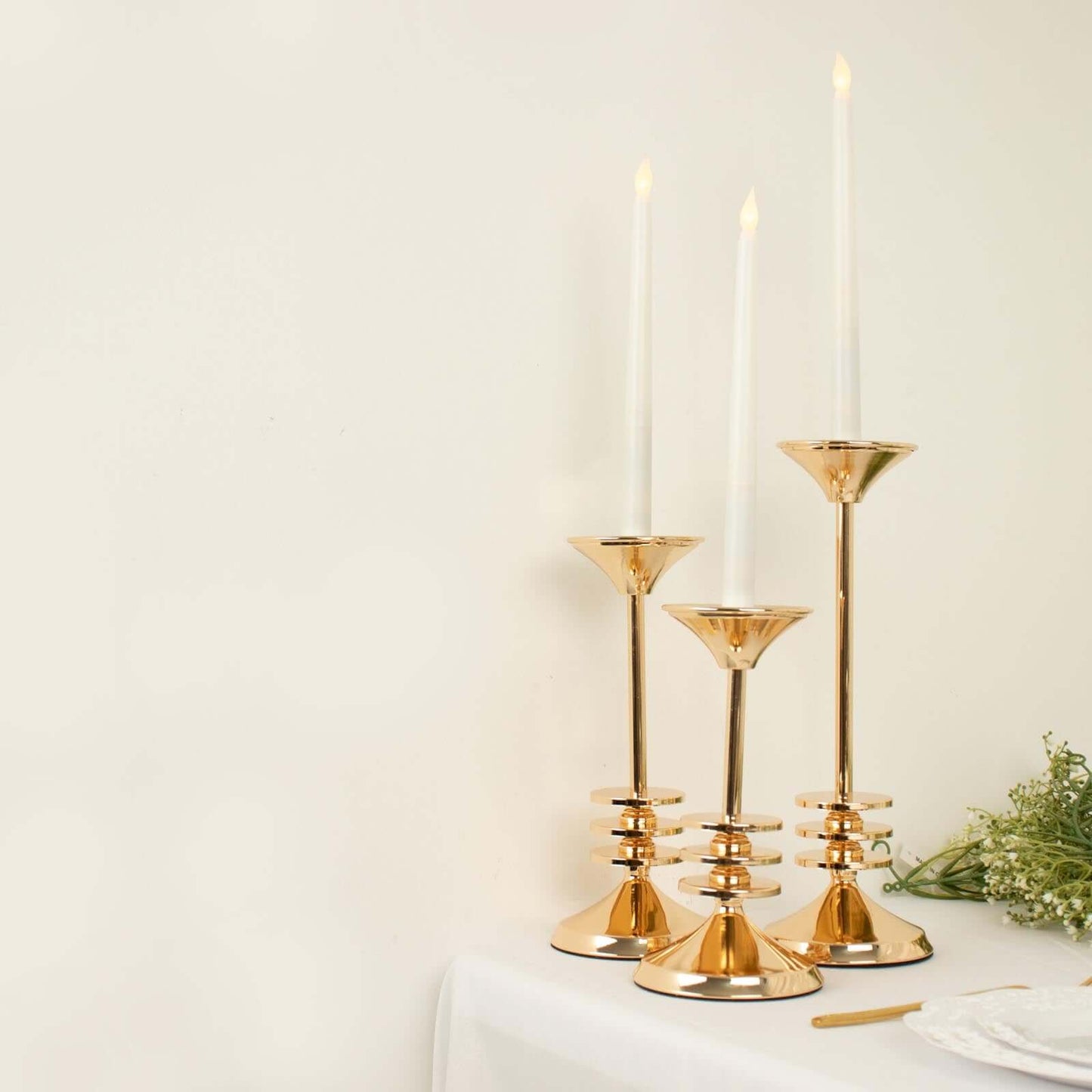 Set of 3 Taper Candlestick Holders Gold Metal with 3 Disk Pedestal Design - Decorative Centerpieces 9", 11", 13"