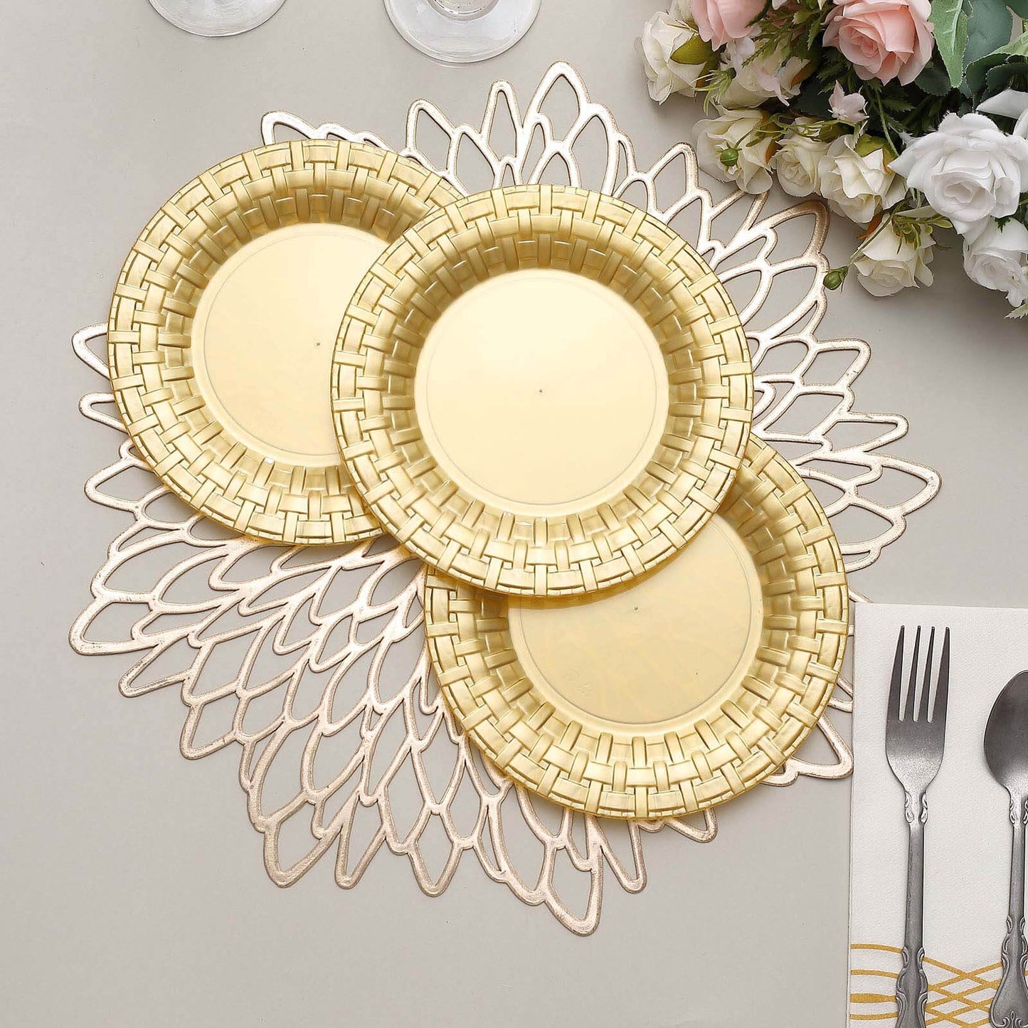 10 Pack 7" Gold Basketweave Rim Plastic Salad Dessert Plates, Round Disposable Appetizer Plates