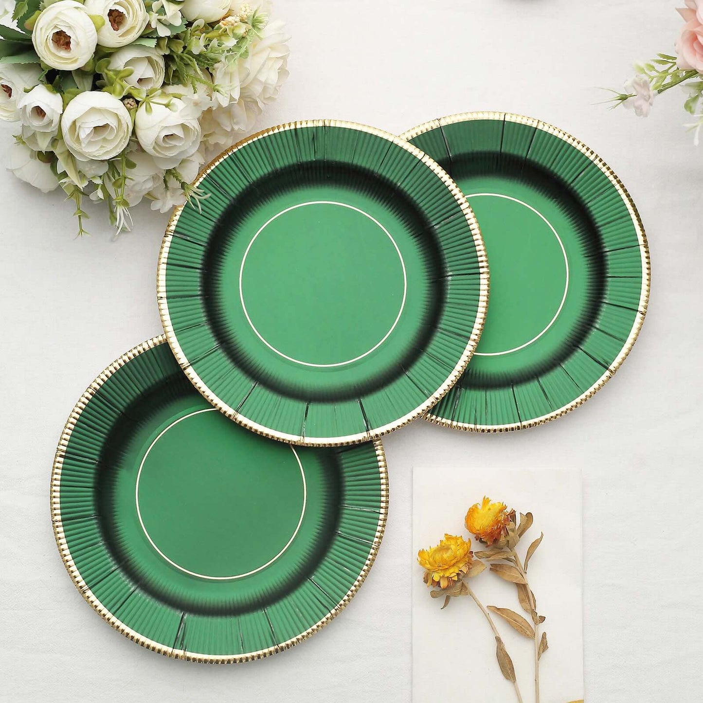 25-Pack Paper 8" Round Dessert Plates in Hunter Emerald Green Sunray Design with Gold Rim - Disposable Heavy Duty 350GSM Appetizer Salad Plates