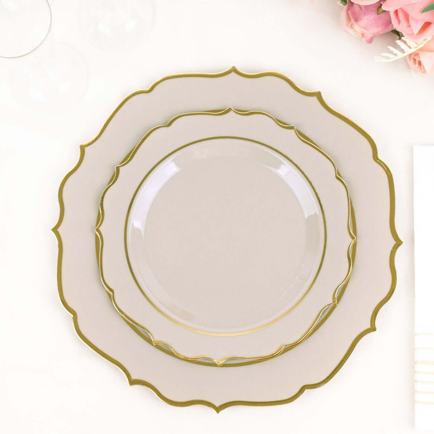 10-Pack Plastic 8" Round Dessert Plates in Taupe with Gold Scalloped Rim - Disposable Appetizer/Salad Plates