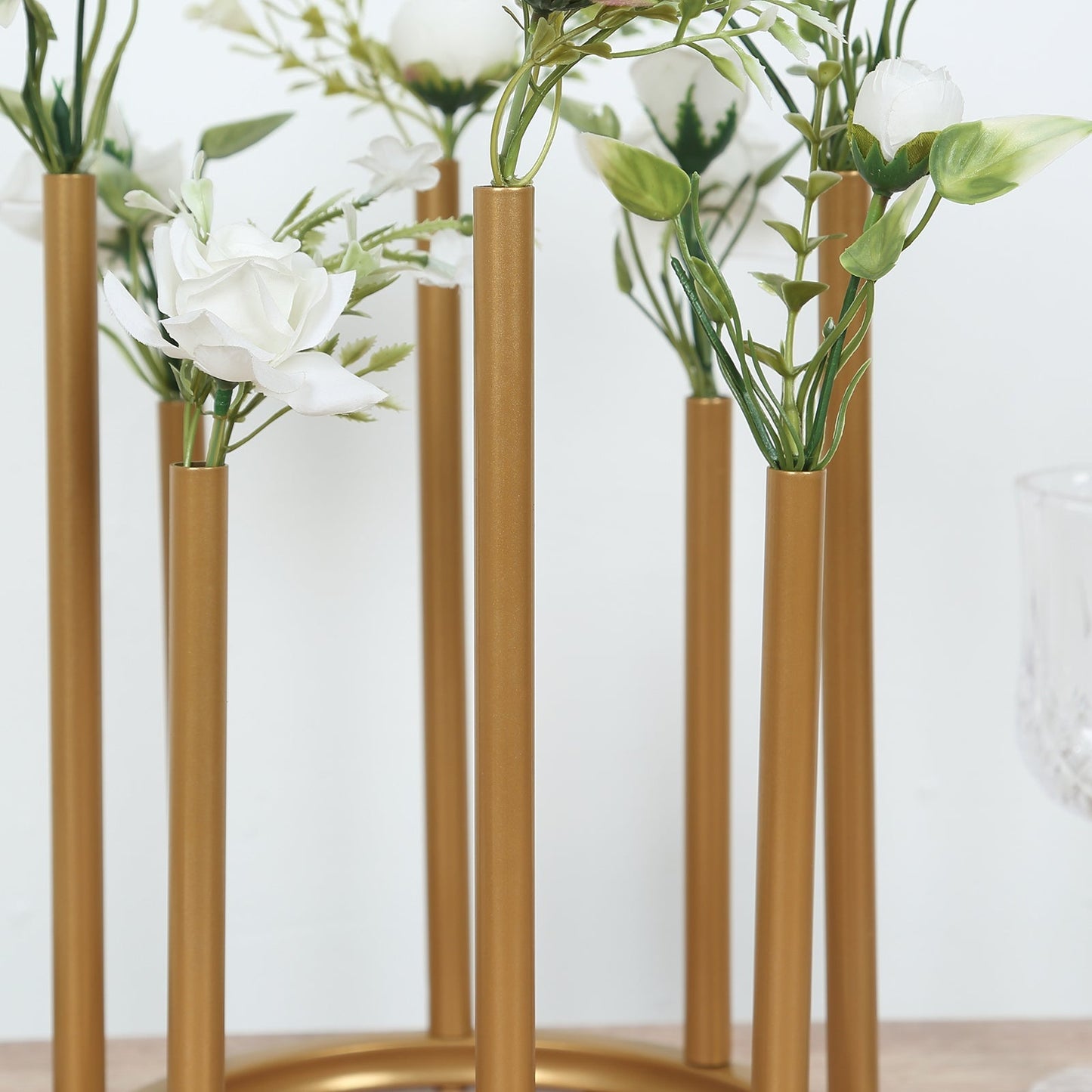 Flower Vase Gold Metal Minimalist 8-Tubes Round Base Design - Single Stem Bud Centerpiece for Arrangements 10"