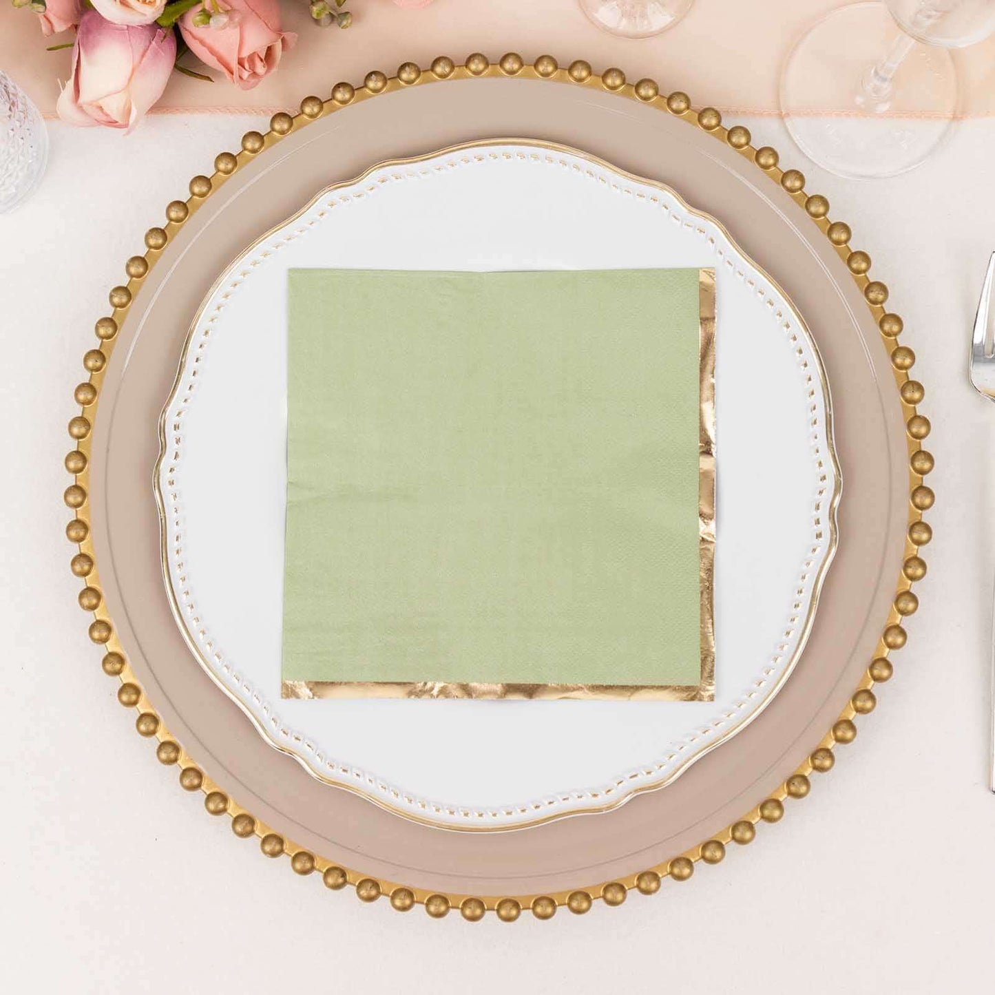 50-Pack Paper Beverage Napkins with Gold Foil Edge Sage Green - Disposable 2 Ply Cocktail Napkins for Events 6.5"x6.5"