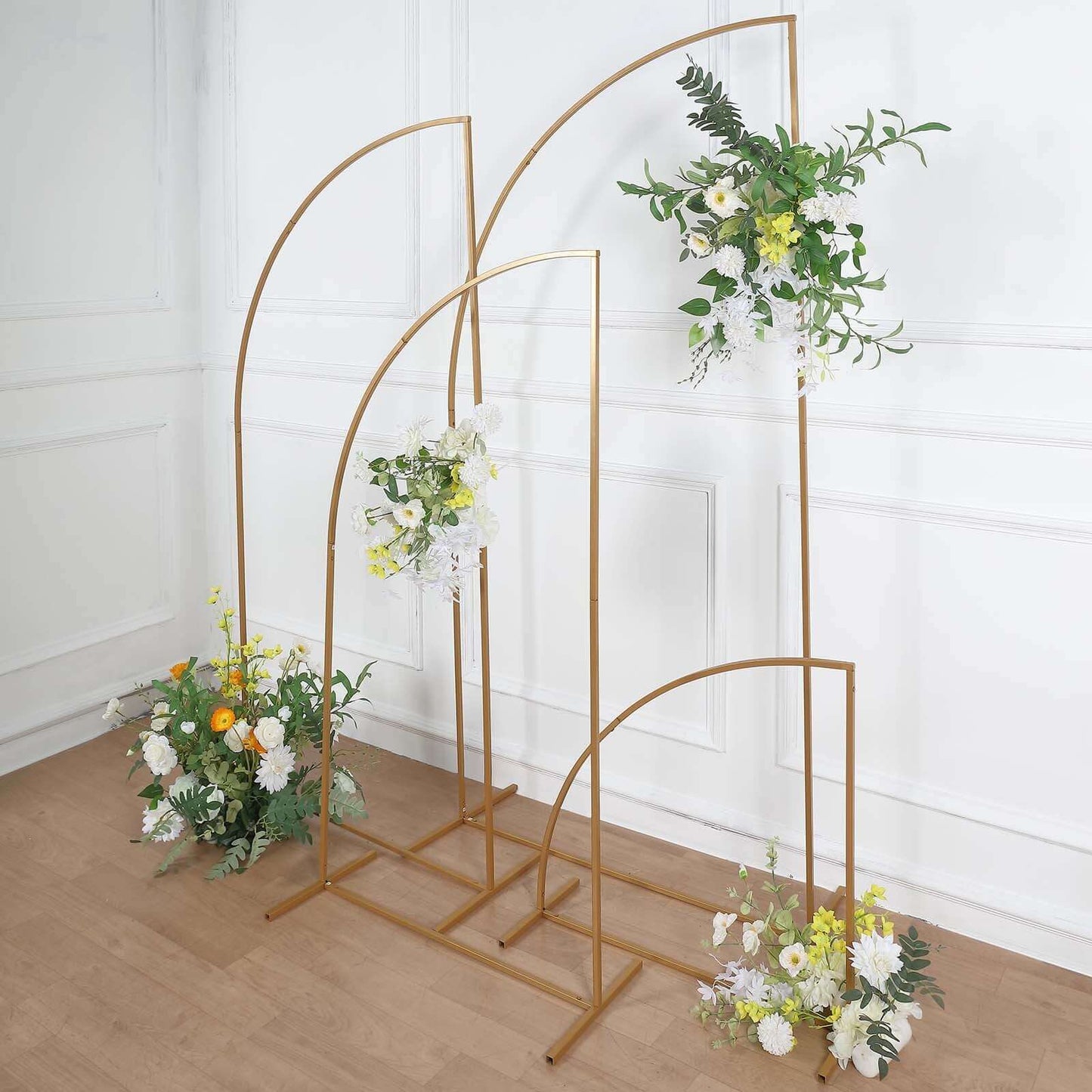Set of 4 Gold Metal Half Moon Floral Frame Wedding Arbor Stand, Chiara Backdrop Display Arch - 2.5ft,5ft,6ft,7ft