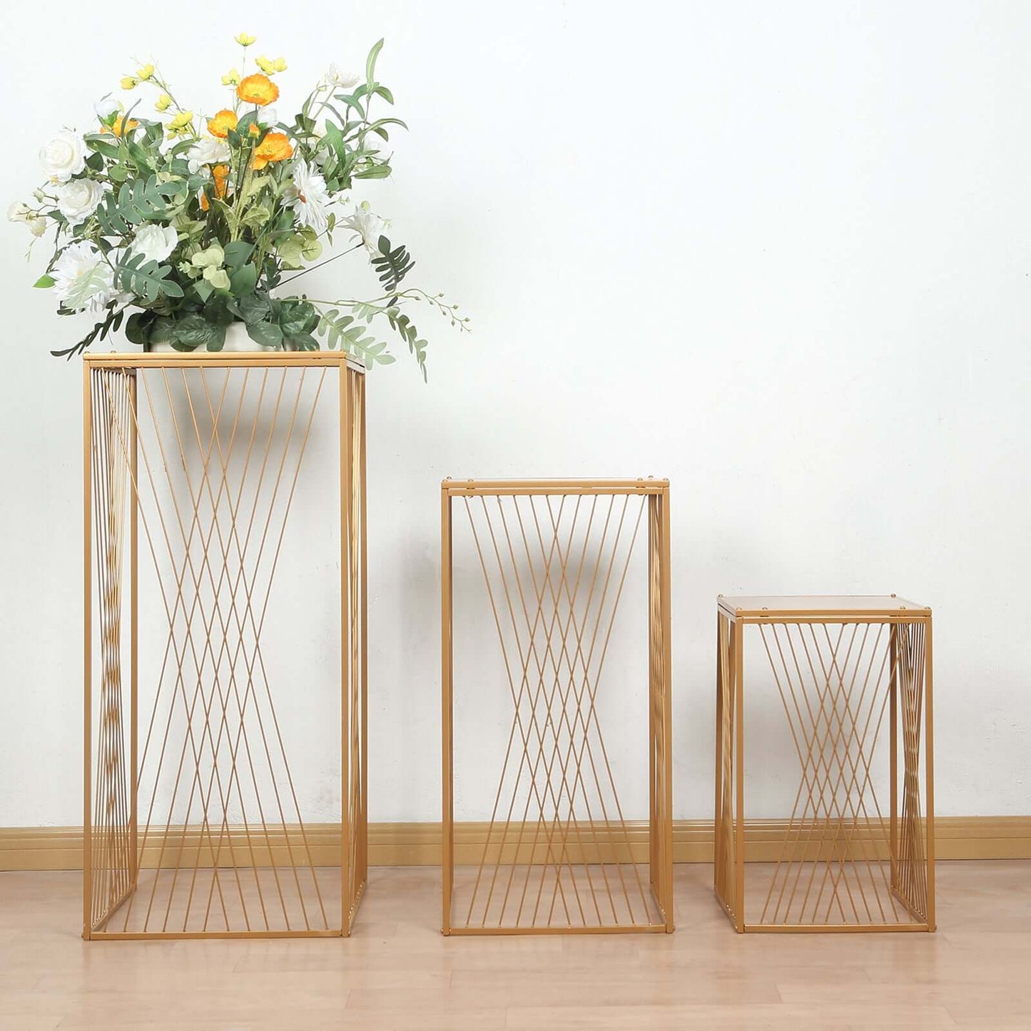 Set of 3 Gold Metal Rectangular Plant Stands with Geometric Crossed Lines Pattern, Nesting Cake Dessert Tables Floral Display Stands - 19",27",35"