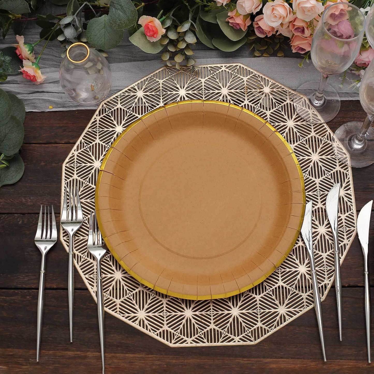 25-Pack Kraft Paper 10" Round Dinner Plates in Natural Brown with Gold Lined Rim - Disposable Party Plates for Rustic & Vintage Inspired Events