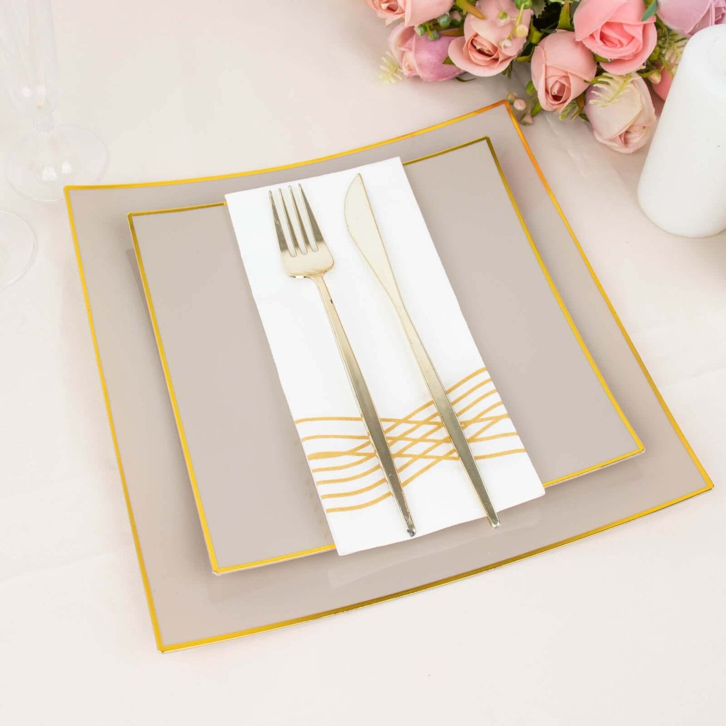 10-Pack Plastic 8" Square Dessert Plates in Taupe Concave Style with Gold Rim - Modern Disposable Salad Appetizer Party Plates
