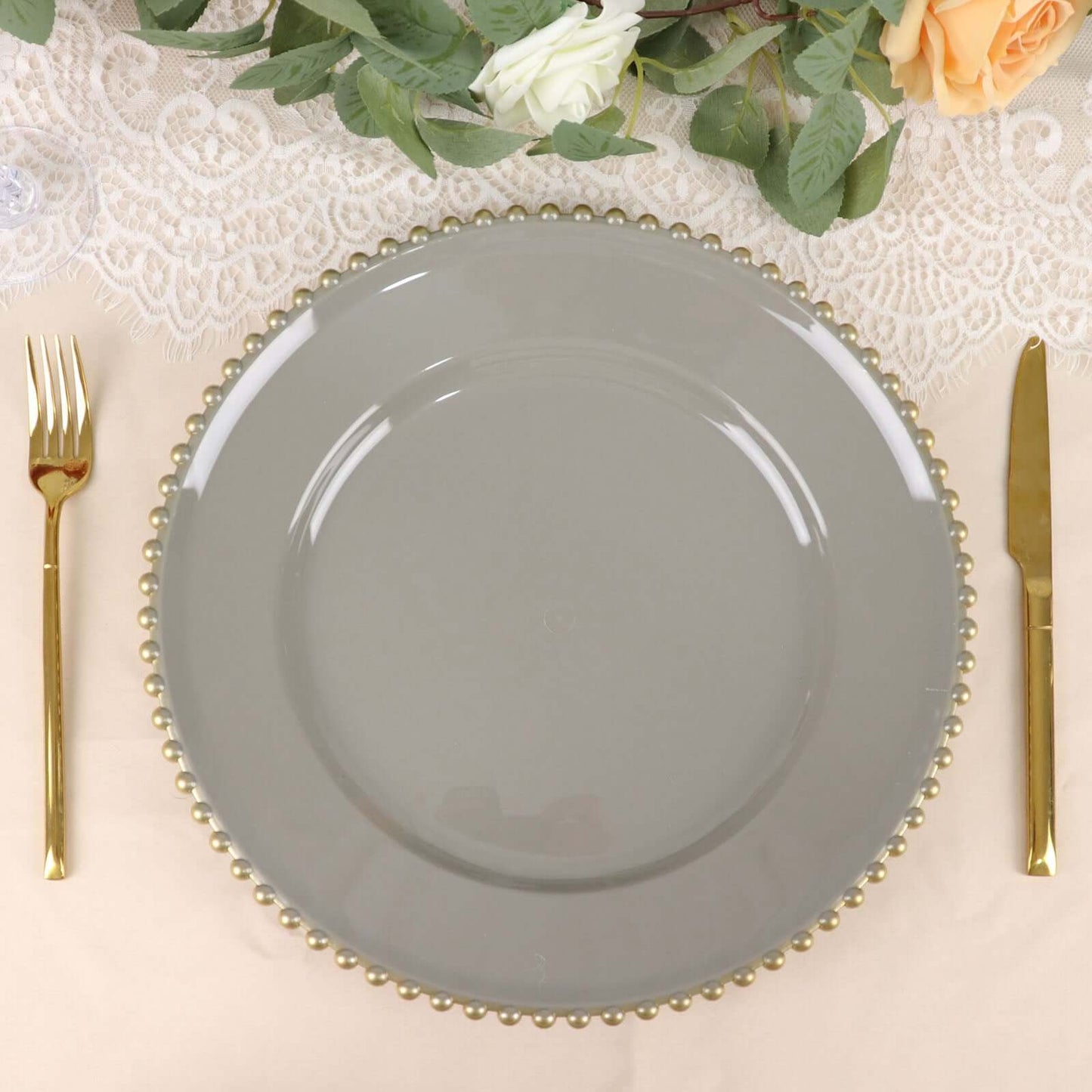 6-Pack Acrylic Round Charger Plates 13" in Charcoal Gray with Gold Beaded Rim, Decorative Dinner Party Charger Tableware
