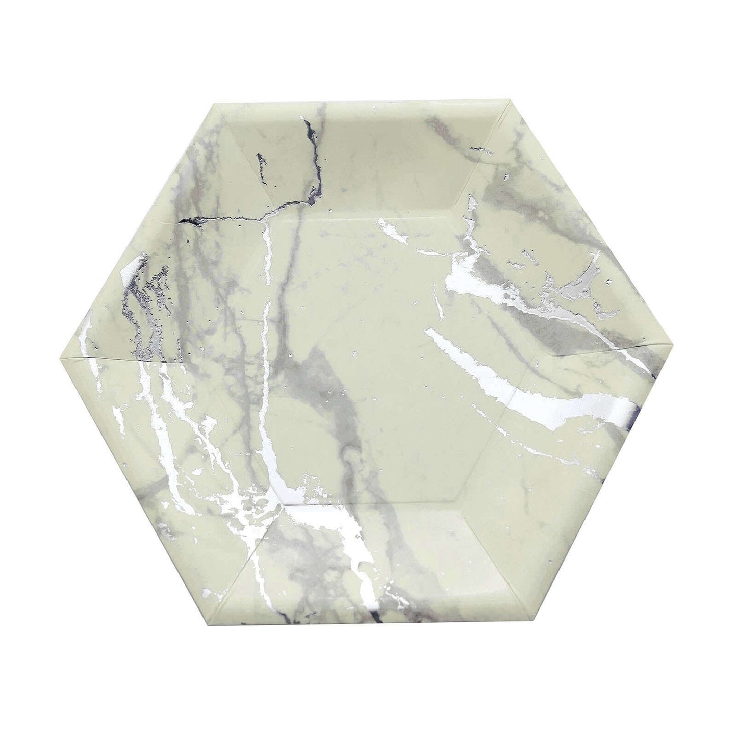 25-Pack Paper 8.5" Hexagon Dessert Plates in Ivory with Silver Marble Design - Disposable Geometric 400GSM Appetizer Salad Plates for Events & Banquets