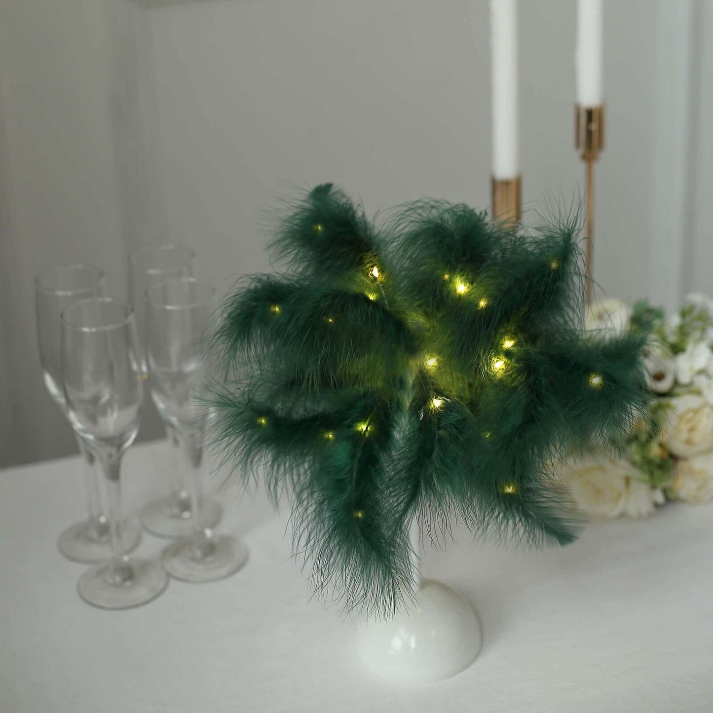 Table Lamp Feather Design Hunter Emerald Green LED Battery Operated - Cordless Wedding Centerpiece 15"