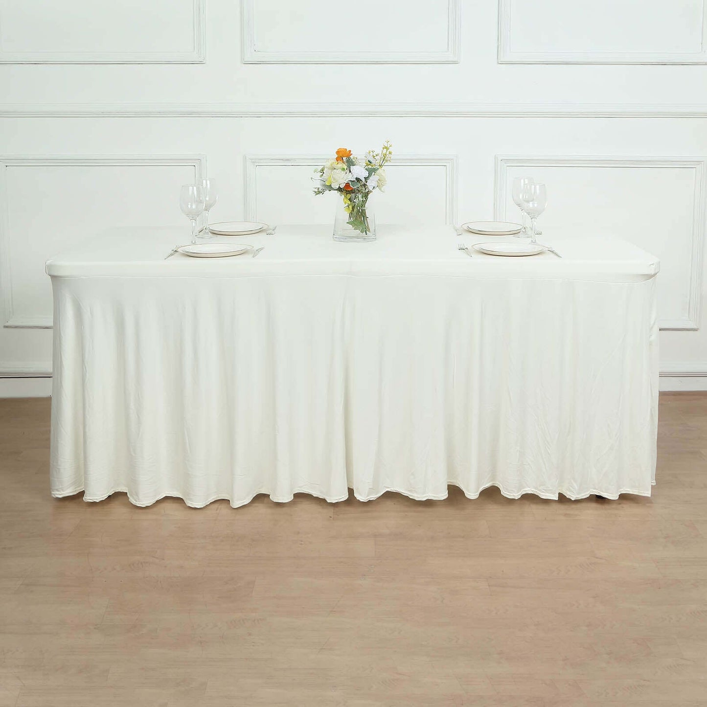 Spandex Rectangle 72"x30" Table Skirt Ivory with Wavy Skirt-Like Effect Table Cover