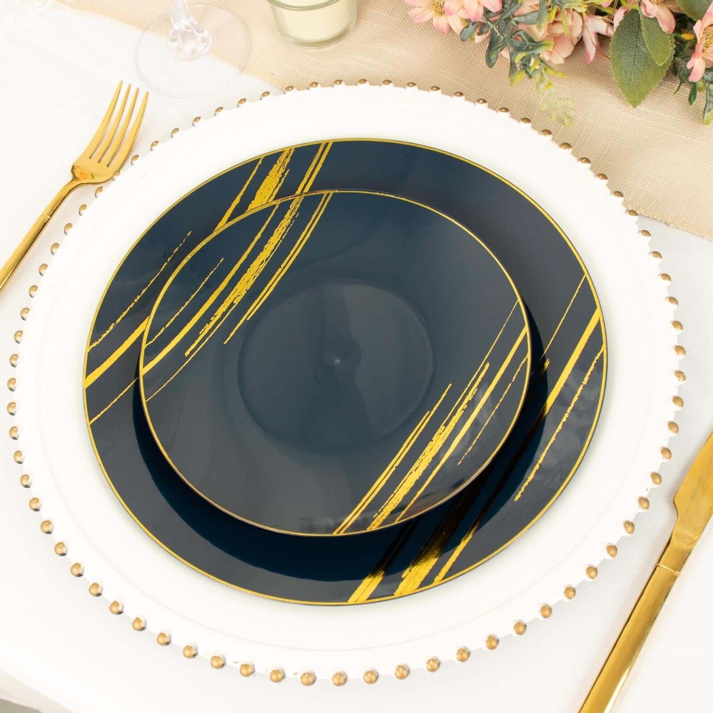 10-Pack Plastic 7" Round Dessert Plates in Navy Blue with Gold Brush Stroked Print - Disposable Appetizer Salad Plates