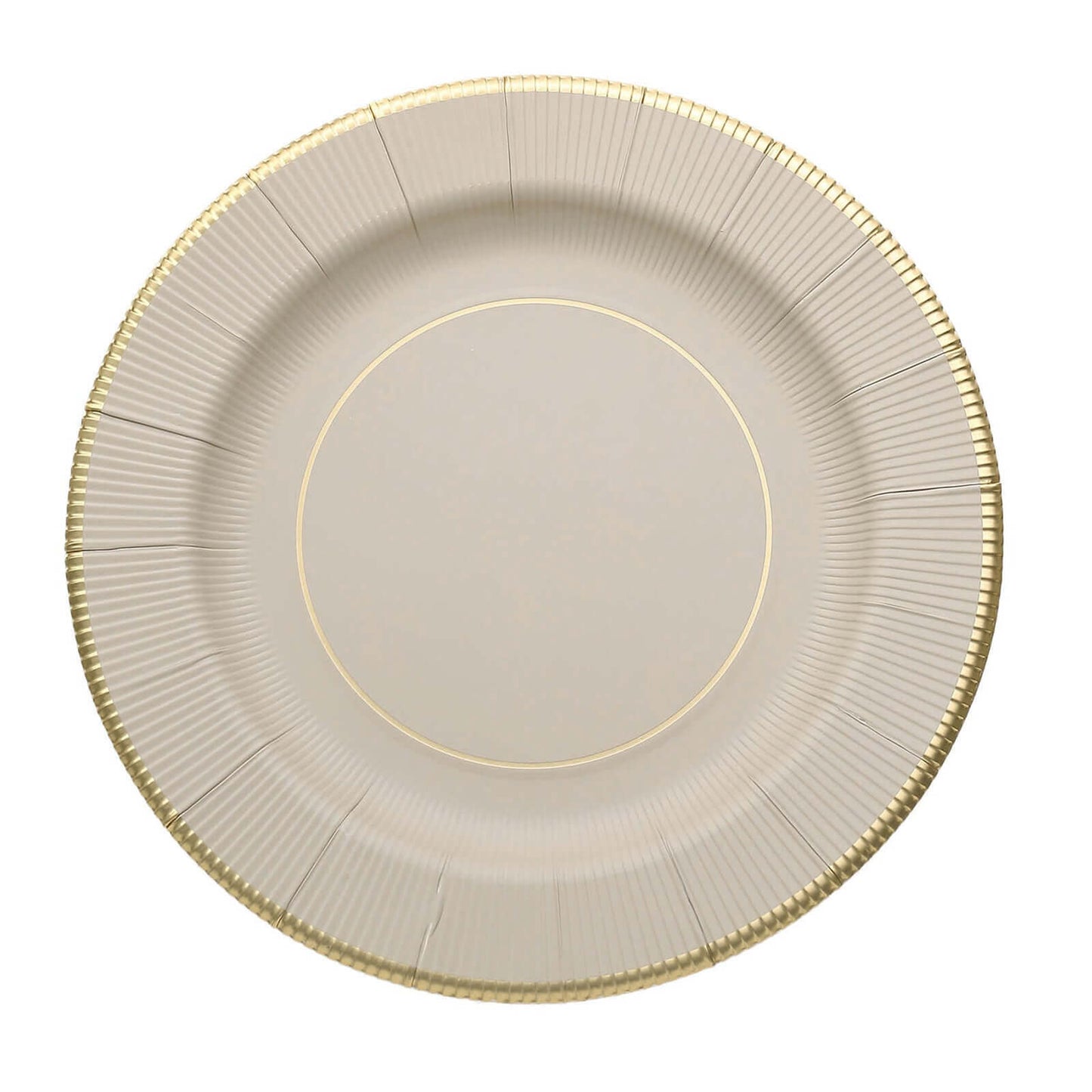25-Pack Paper 10" Round Dinner Plates in Taupe Sunray Design with Gold Rim - Disposable Heavy Duty 350GSM Party Plates
