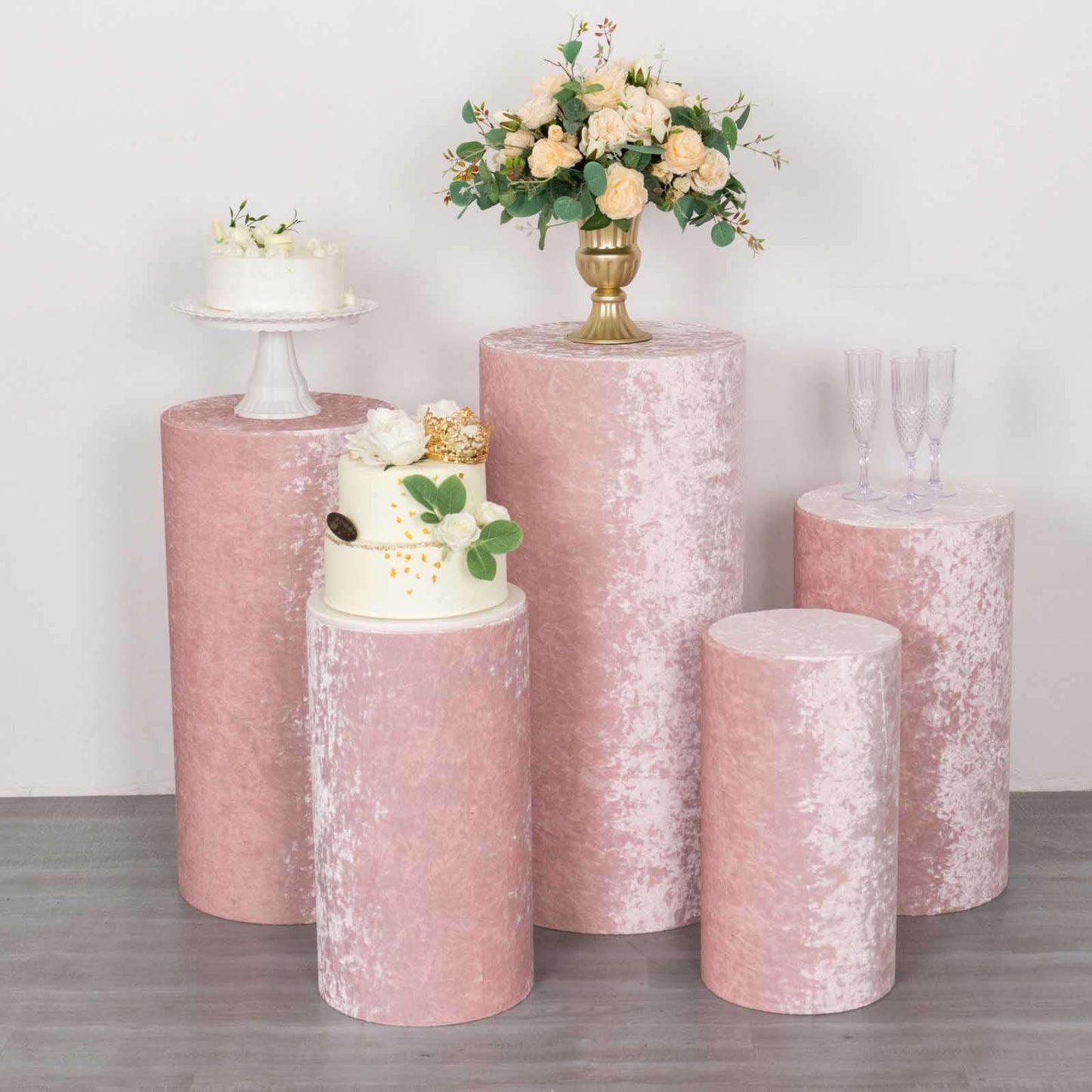 Set of 5 Blush Crushed Velvet Cylinder Pedestal Stand Covers, Premium Pillar Prop Covers