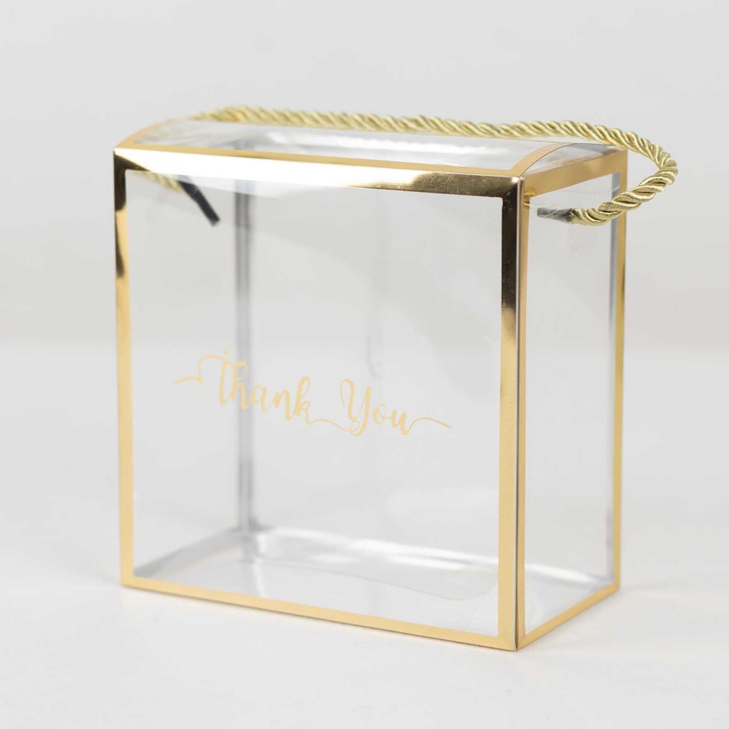 25 Pack Gold Trimmed Clear PVC Gift Boxes with Rope Handles and Thank You Print, Transparent Portable Candy Favor Boxes - 5.5"x5.5"