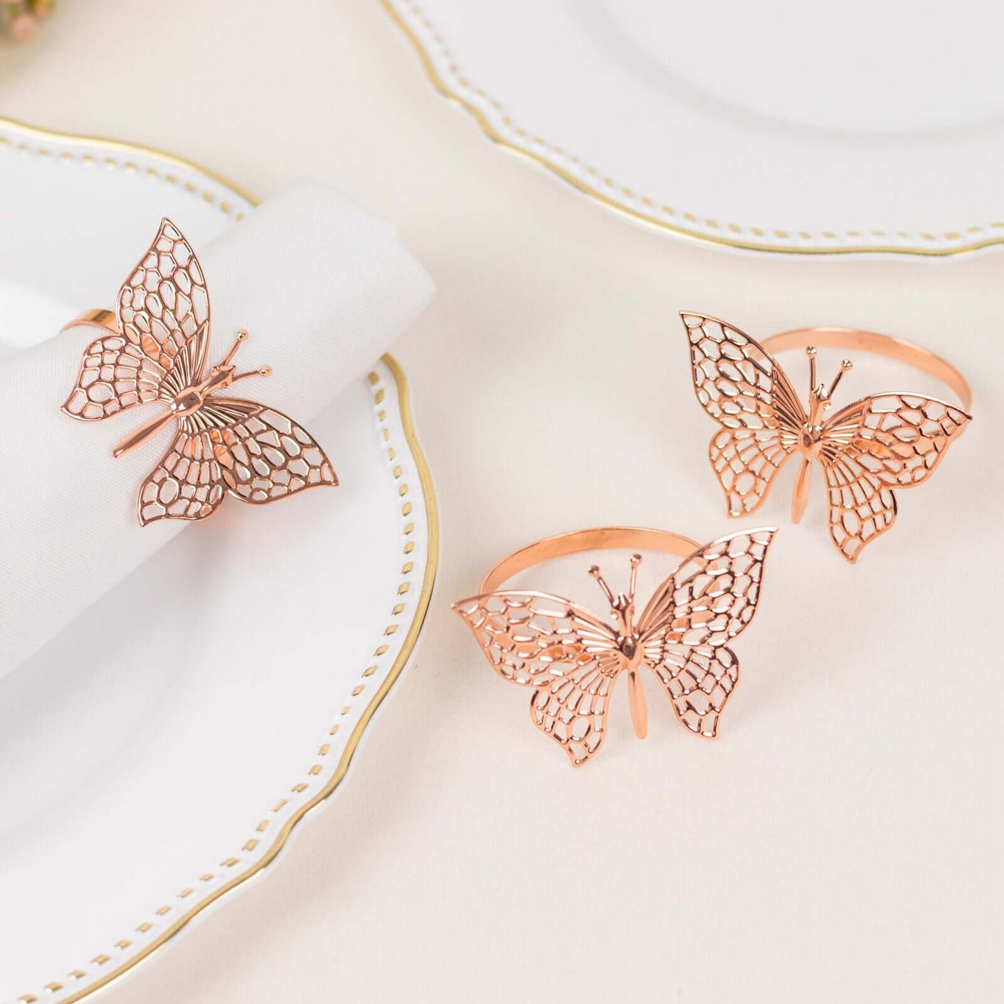 4 Pack Rose Gold Metal Butterfly Napkin Rings, Decorative Laser Cut Cloth Napkin Holders