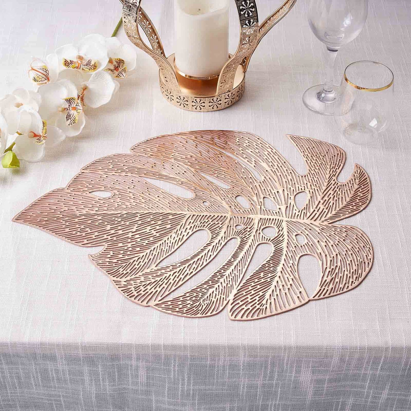 6-Pack Dining Table Mats Monstera Leaf Design Rose Gold - Vinyl Non-Slip Surface for Tropical Themes 18"