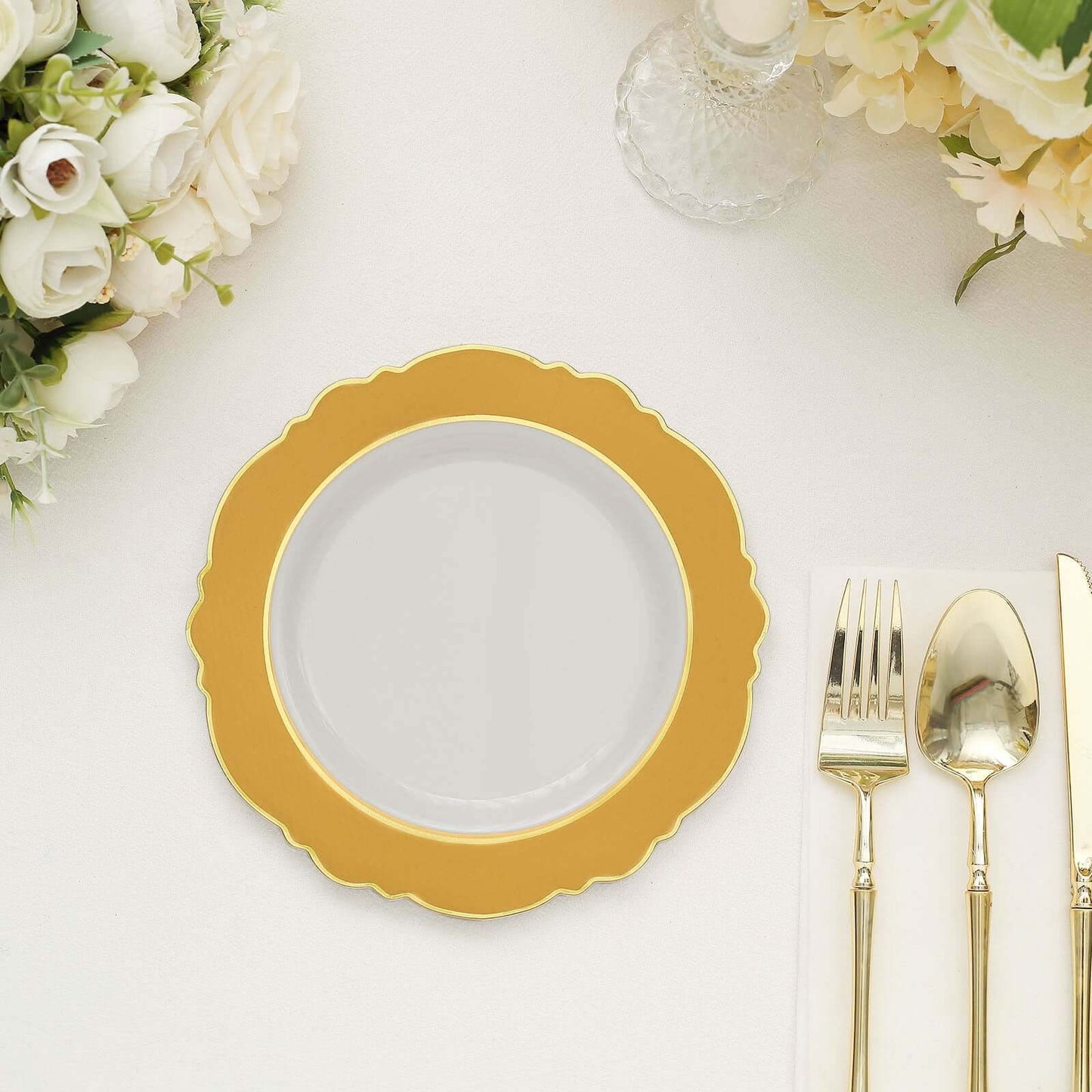 10-Pack Plastic 8" Round Dessert Plates in White with Gold Blossom Design & Gold Edging - Disposable Salad Appetizer Plates for Modern & Classy Table Decor