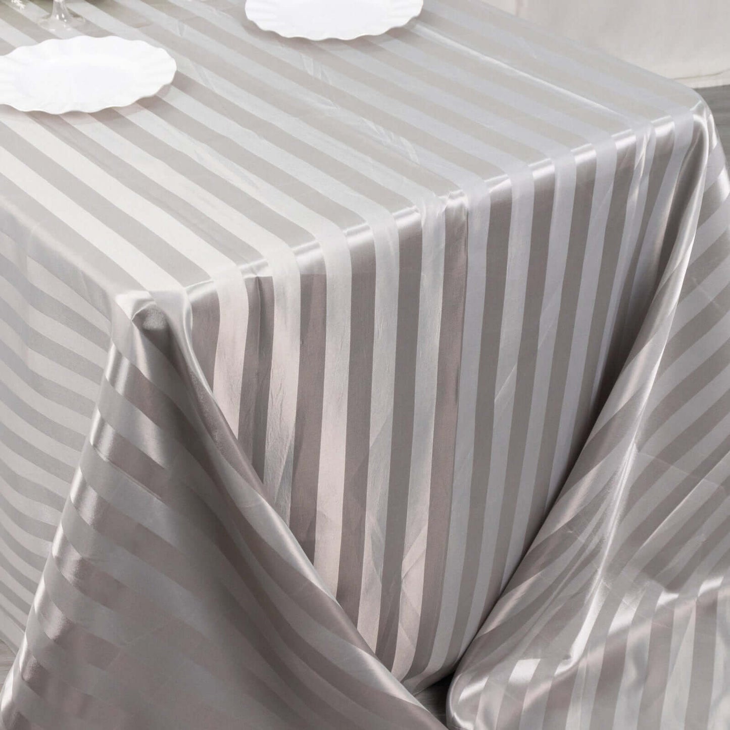 Satin Striped 90"x132" Rectangular Tablecloth Silver - Seamless Silky Smooth Table Cover