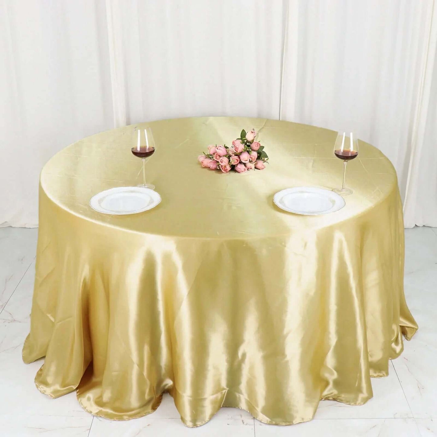 Satin 132" Round Tablecloth Champagne - Stylish Seamless Table Cover