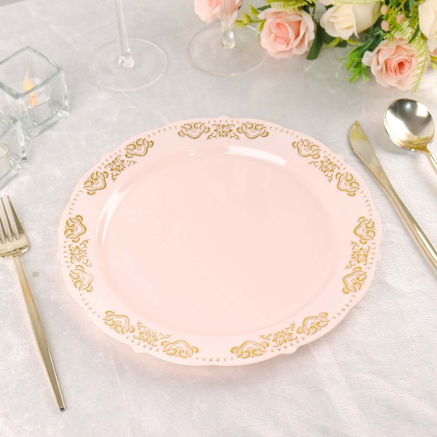 10-Pack Plastic 10" Round Dinner Plates in Blush with Gold Embossed Scalloped Edge - Chic Disposable Party Plates for Special Occasions & Banquets
