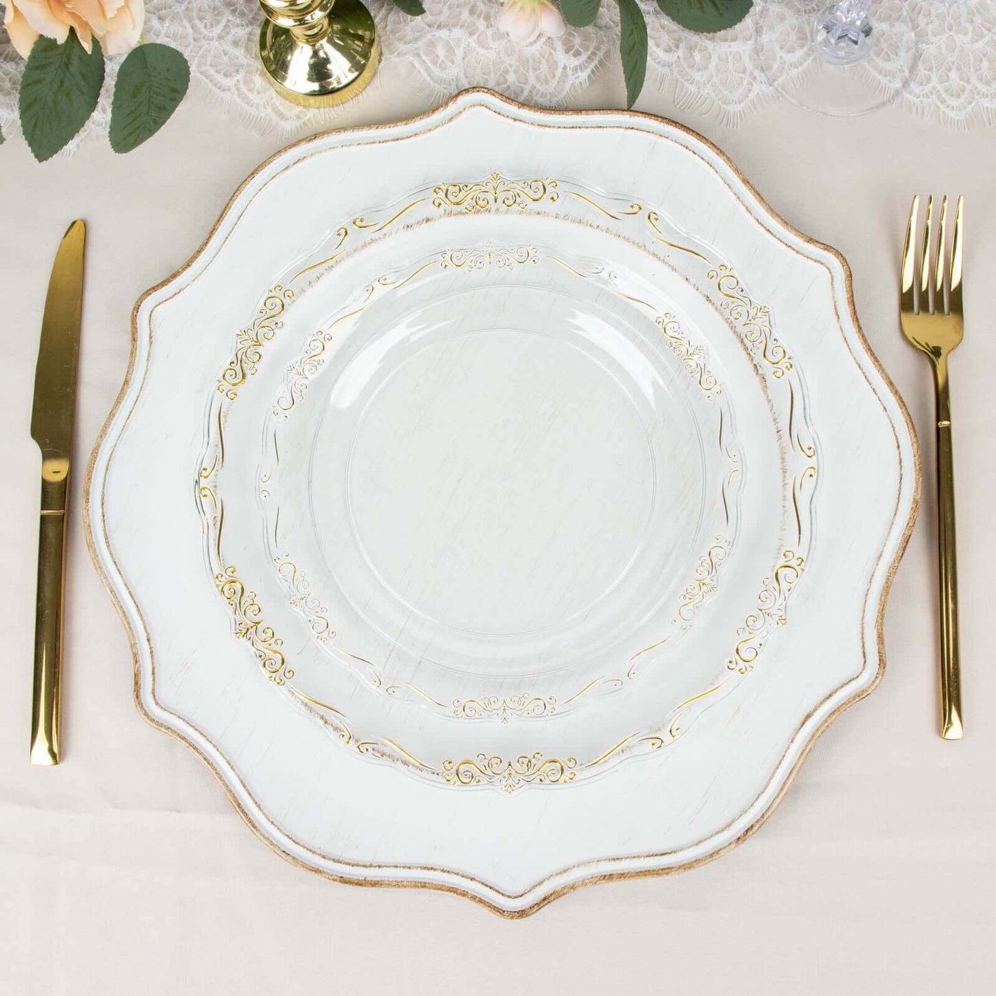 10-Pack Plastic 7" Round Dessert Plates in Clear with Gold Vintage Embossed Rim - Sturdy Disposable Scalloped Edge Salad Plates for Sophisticated Events & Celebrations