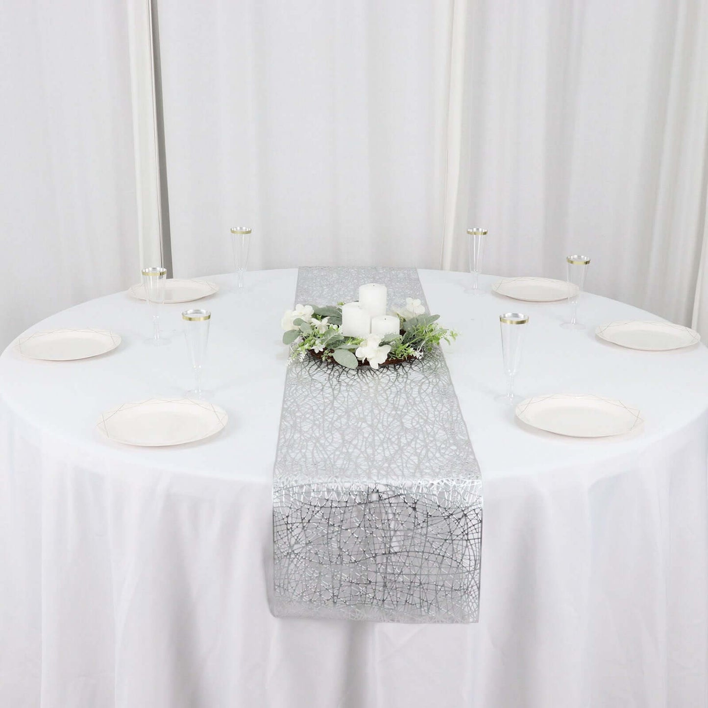 Plastic Woven Vinyl 13"x6ft Table Runner Metallic Silver - Non-Slip & Reversible Tabletop Decor