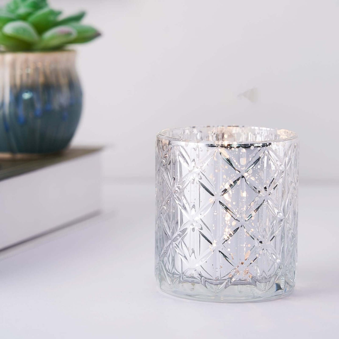 6-Pack Mercury Glass Candle Holders Shiny Silver with Geometric Design - Votive Tealight Holders 3"