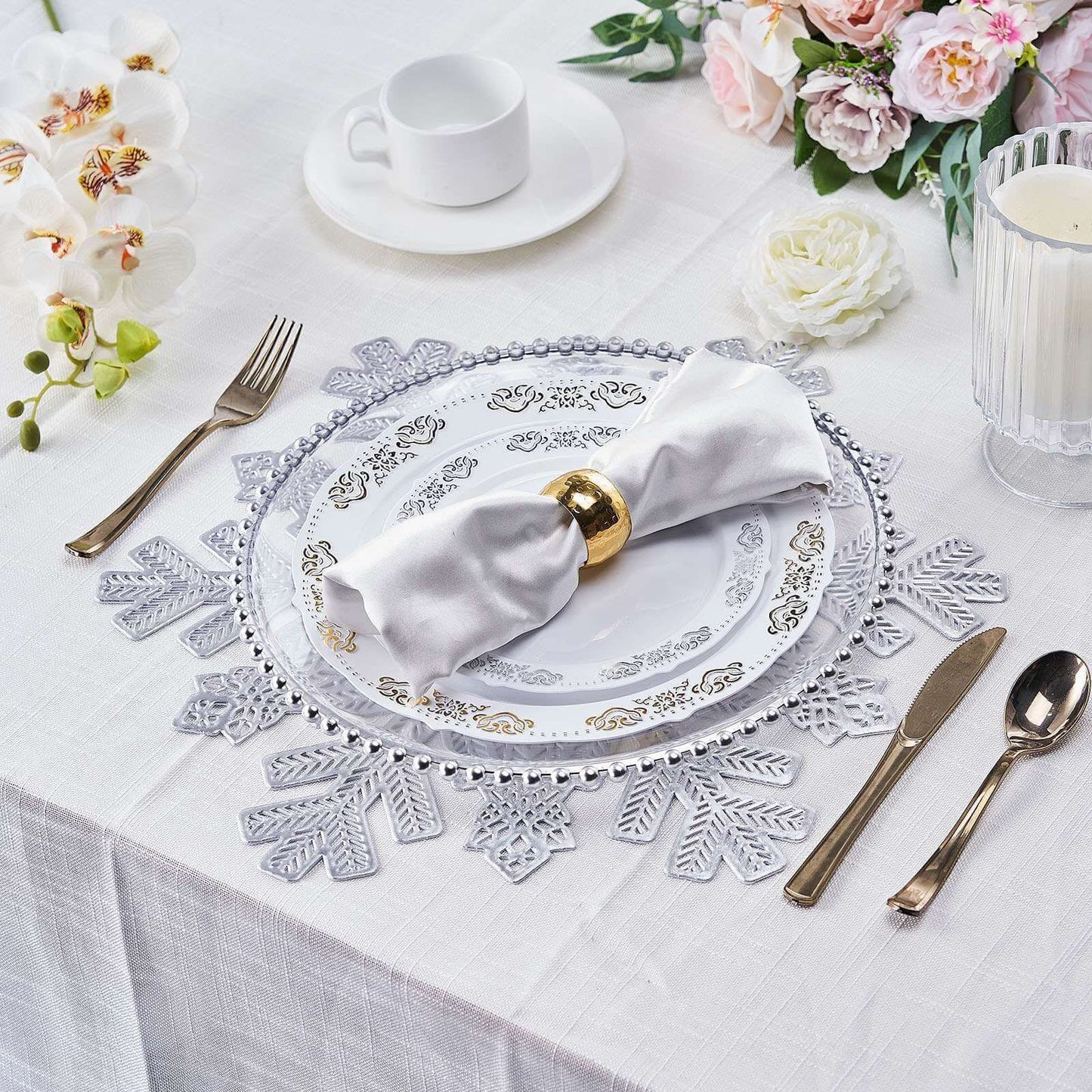 6-Pack Dining Table Mats Snowflake Design Silver - Vinyl Non-Slip Surface for Winter Decor 18"