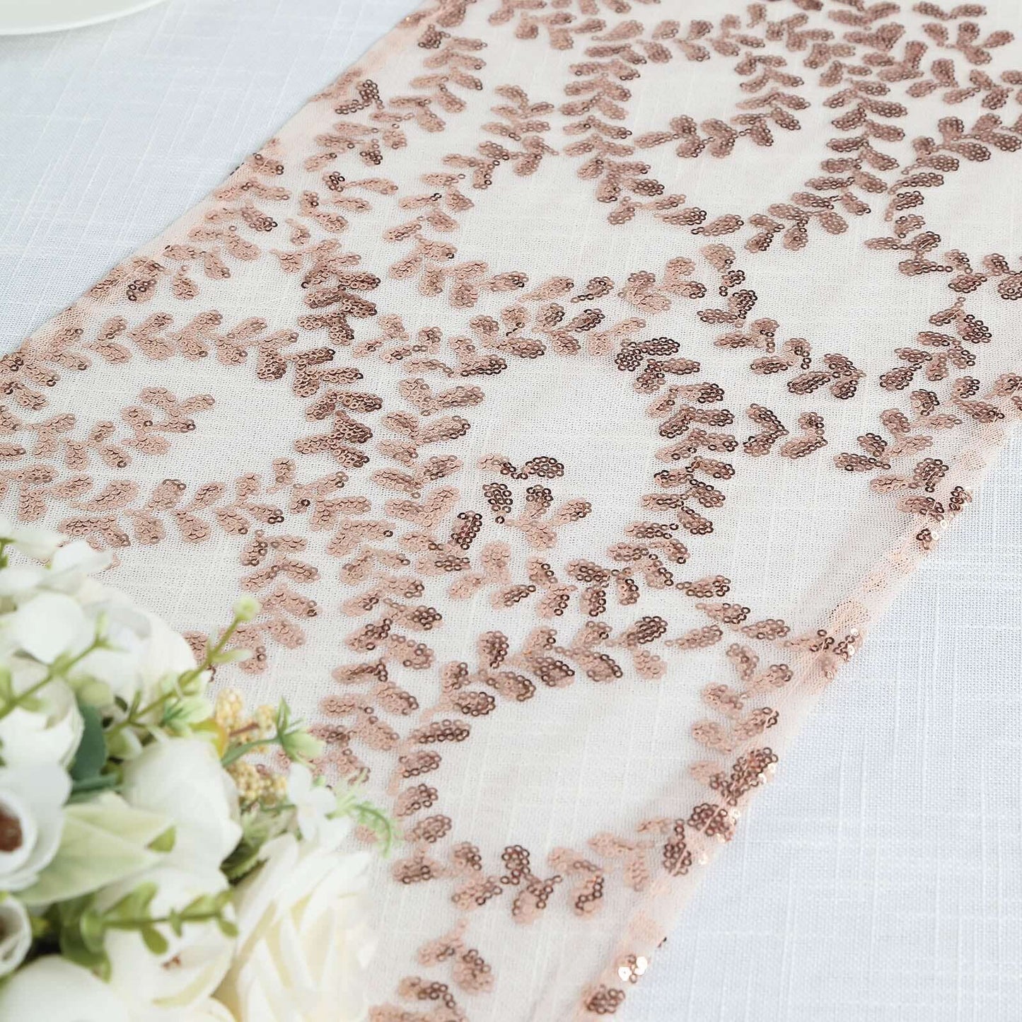 Mesh 12"x108" Table Runner Rose Gold - Leaf Vine Embroidery