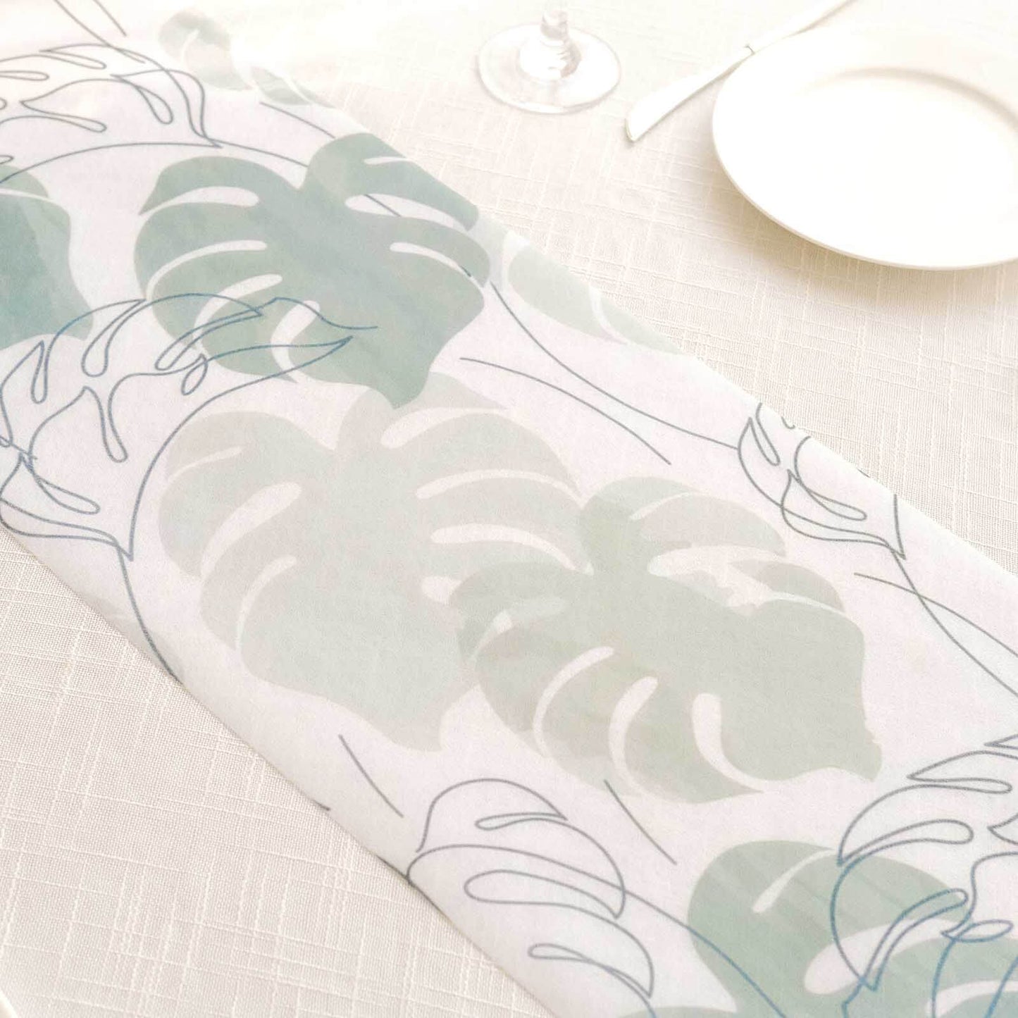 Disposable Table Runner 11"x108" White with Green Monstera Palm Leaves Print - Non-woven Stylish Spring Summer Dining Decor