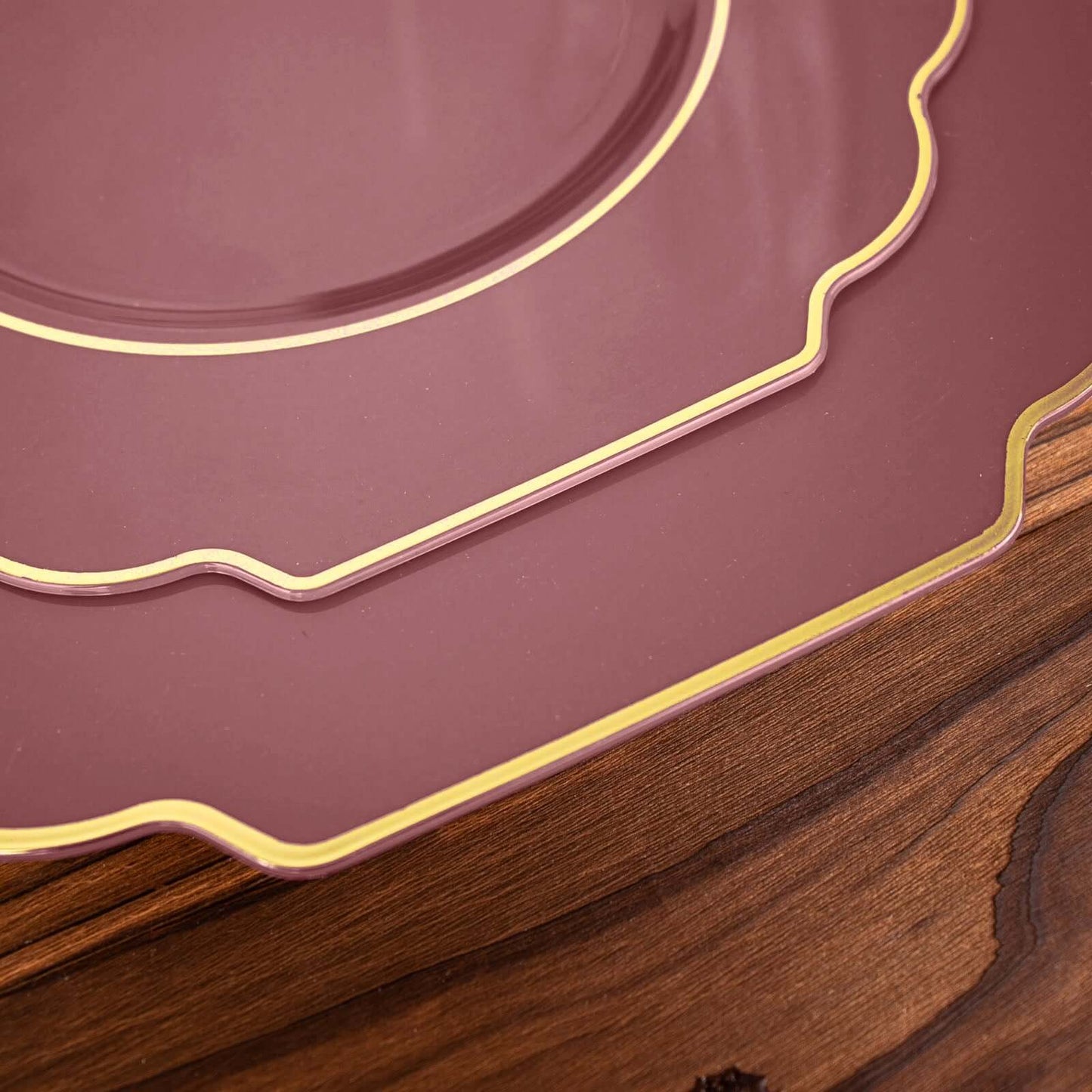 10-Pack Plastic Dinner Plates in Cinnamon Rose Baroque Design with Scalloped Gold Rim - Heavy Duty Disposable Party Plates 11"