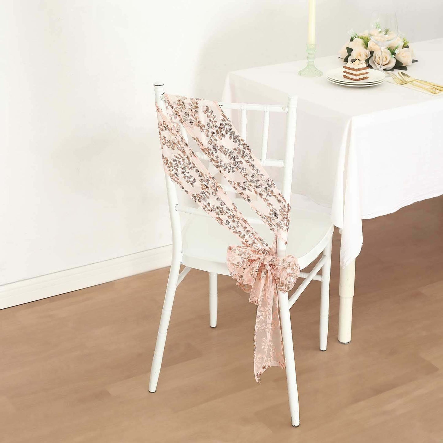 5 Pack Tulle Chair Sashes with Leaf Vine Embroidered Sequins Rose Gold 6"x88"