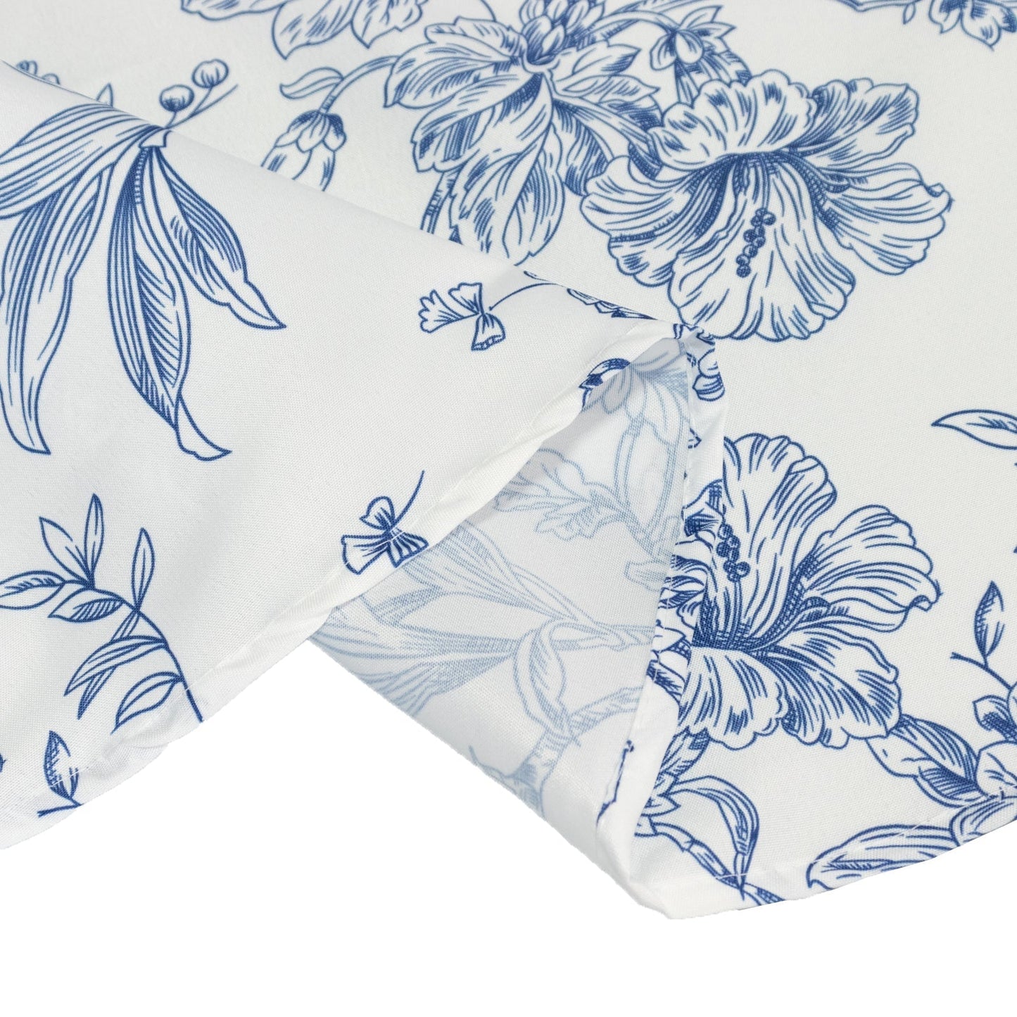 Polyester 132" Round Tablecloth White - Blue French Toile Pattern for Chic Weddings