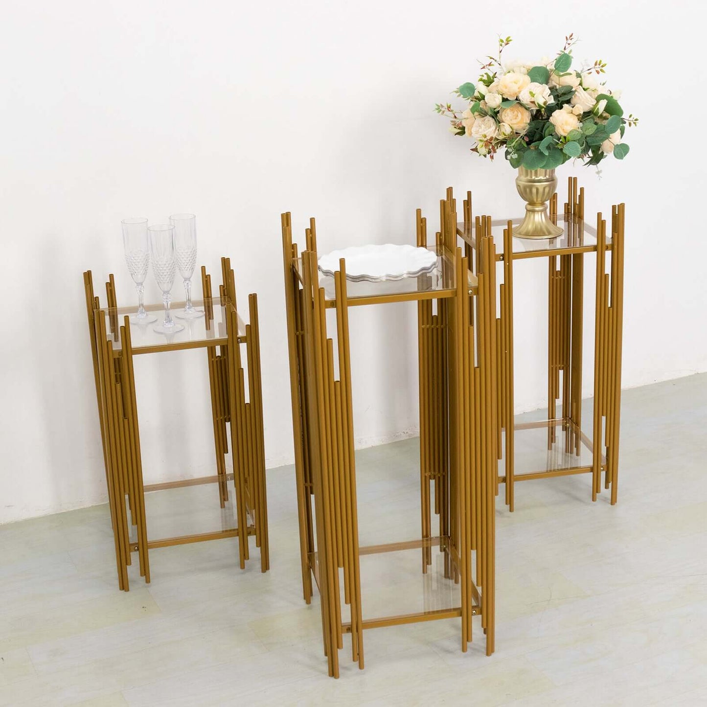 Set of 3 Wedding Pedestal Stands Square Acrylic Plate Design Gold - Metal Flower Display Plinths 26",30",34"