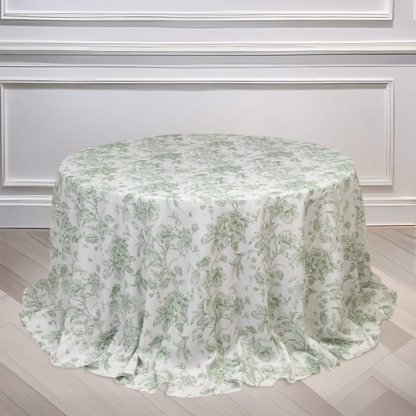 Polyester 132" Round Tablecloth White - Dusty Sage Green French Toile Pattern for Chic Weddings