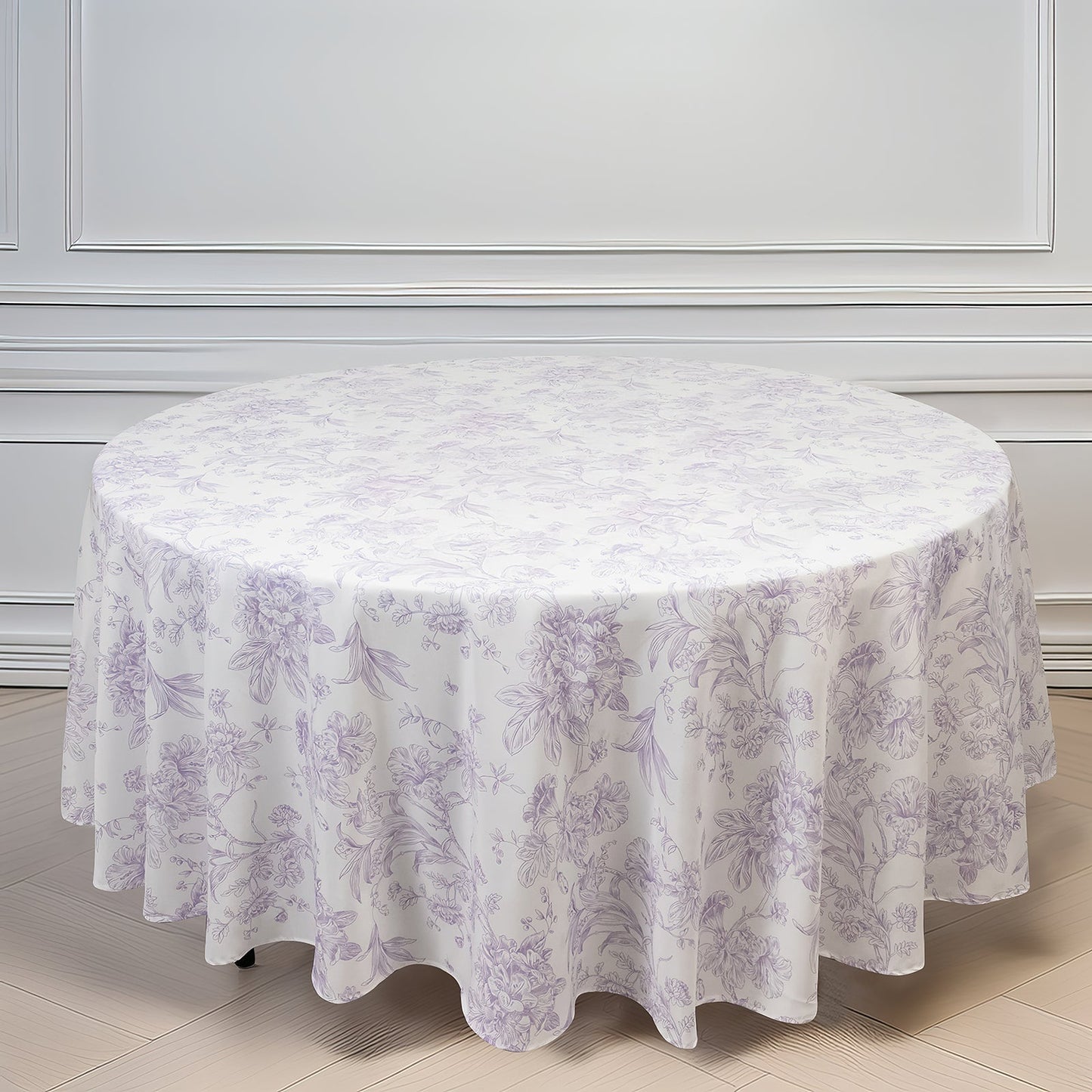 Polyester 108" Round Tablecloth White - Lavender Lilac French Toile Pattern for Chic Weddings
