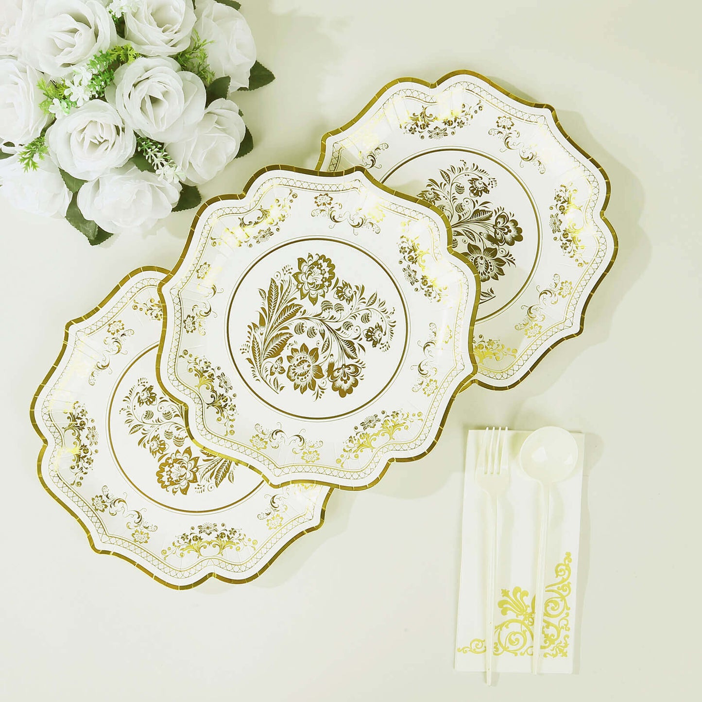 25-Pack Paper Dinner Plates in White Gold Damask Floral Print & Scallop Rim - Stylish Disposable 300GSM Floral Party Plates 10"