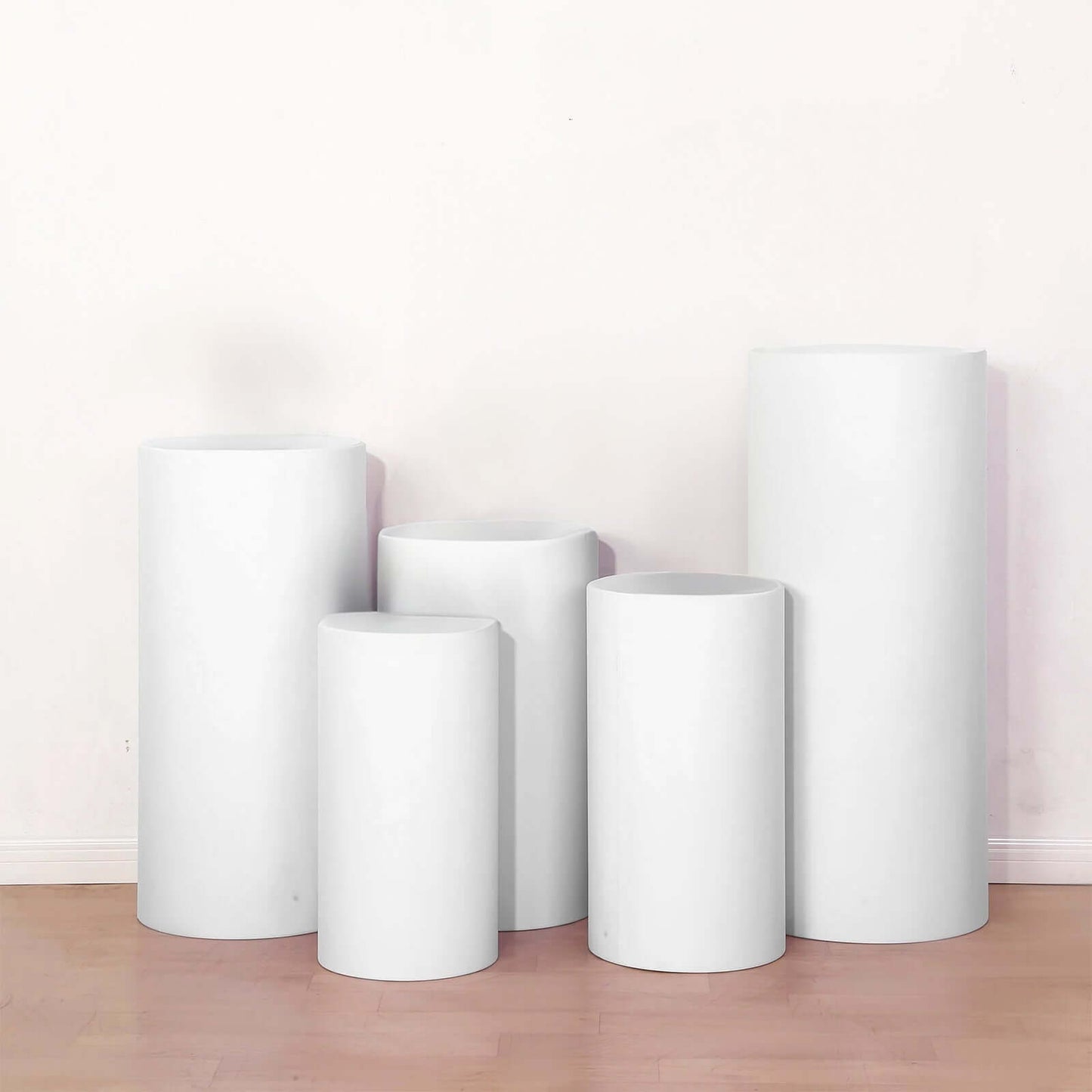 Set of 5 White Spandex Cylinder Pedestal Stand Covers, Stretchable Pillar Prop Covers - 160 GSM
