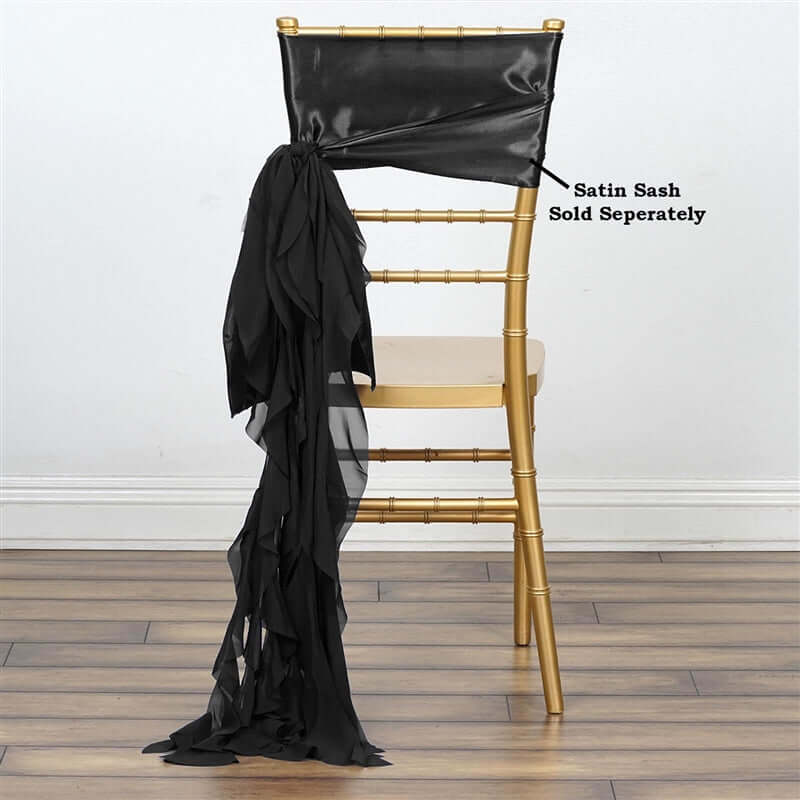 Chiffon Chair Sash with Curly Design Black - Stylish Event Decor for Weddings & Gatherings - Linen Luxes