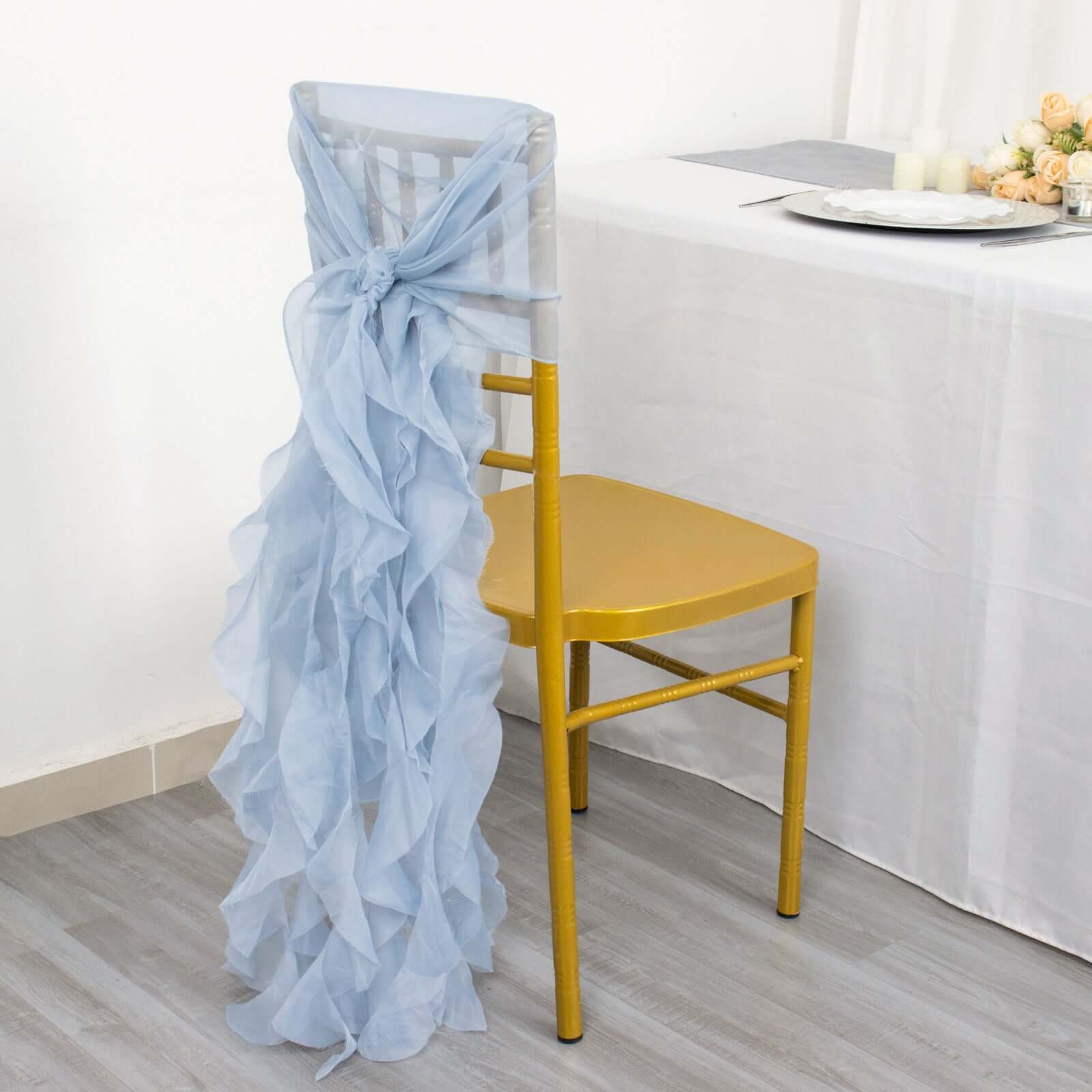 Chiffon Chair Sash with Curly Design Dusty Blue - Stylish Chair Decorations - Linen Luxes