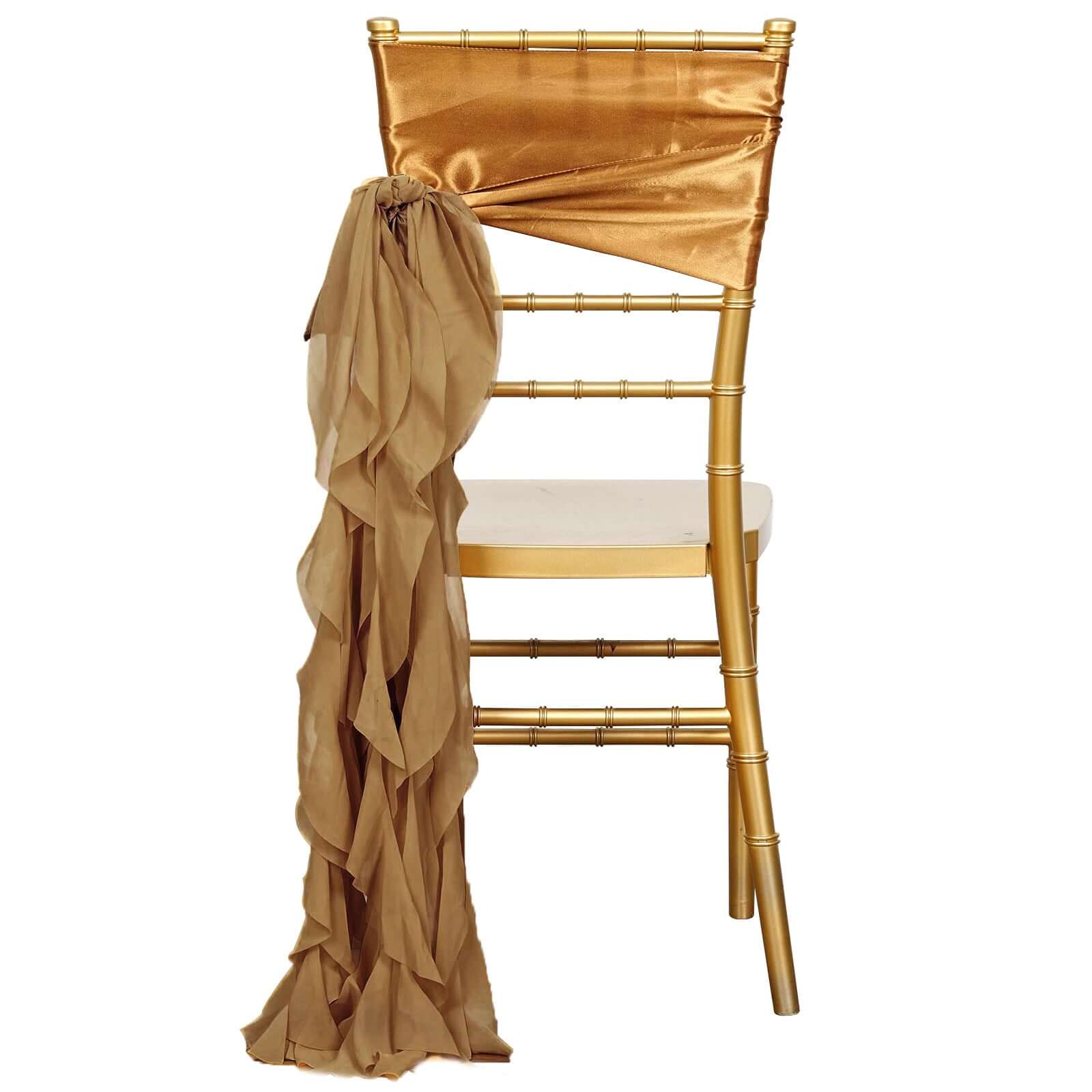 Chiffon Chair Sash with Curly Design Gold - Stylish Event Decor for Weddings & Gatherings - Linen Luxes