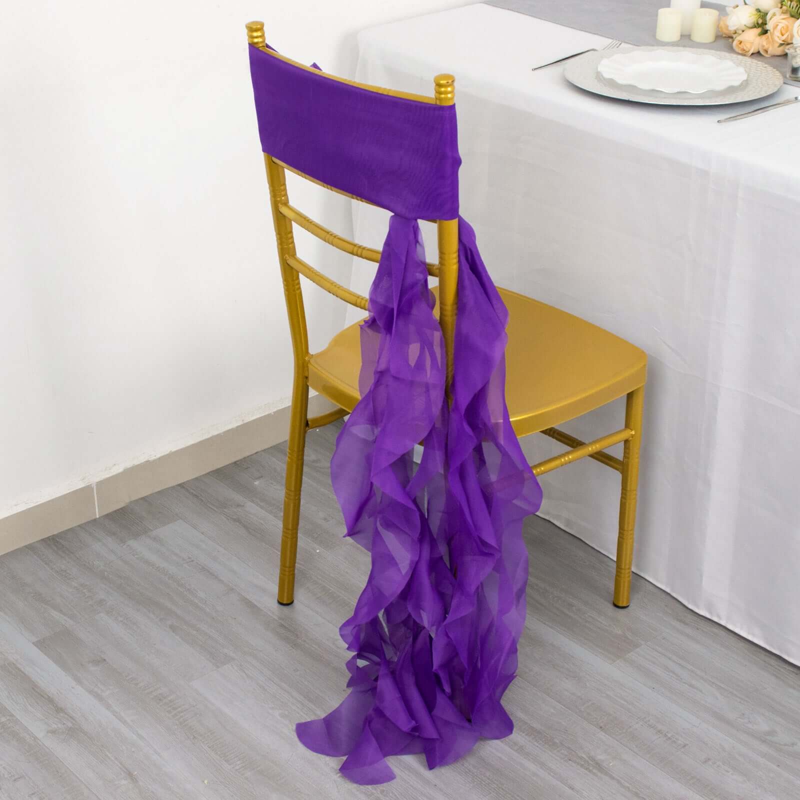 Chiffon Chair Sash with Curly Design Purple - Stylish Chair Decorations - Linen Luxes