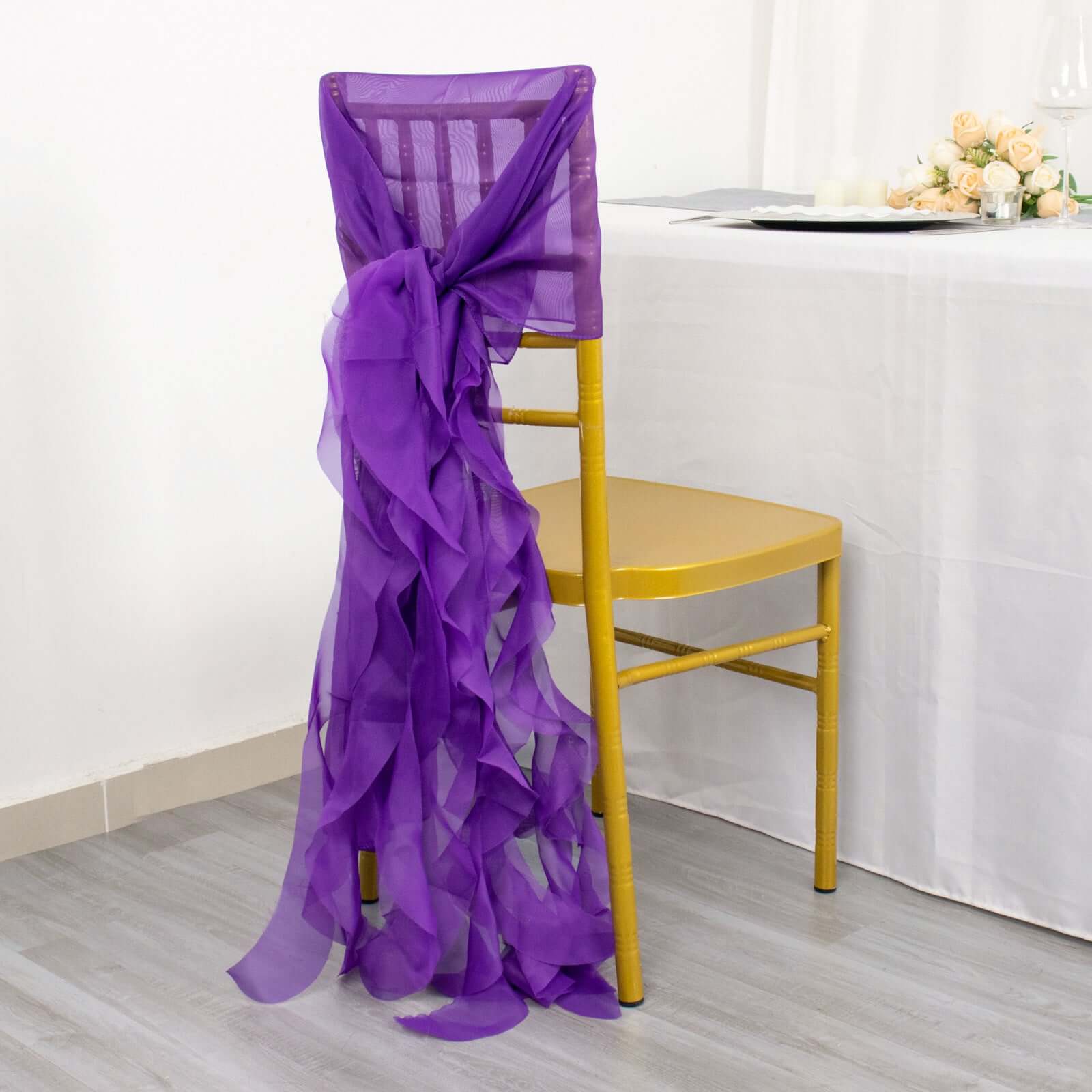 Chiffon Chair Sash with Curly Design Purple - Stylish Chair Decorations - Linen Luxes