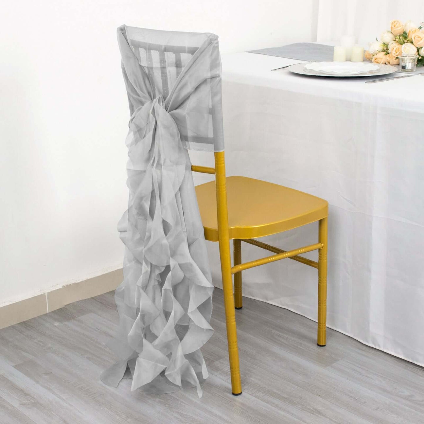Chiffon Chair Sash with Curly Design Silver - Stylish Chair Decorations - Linen Luxes