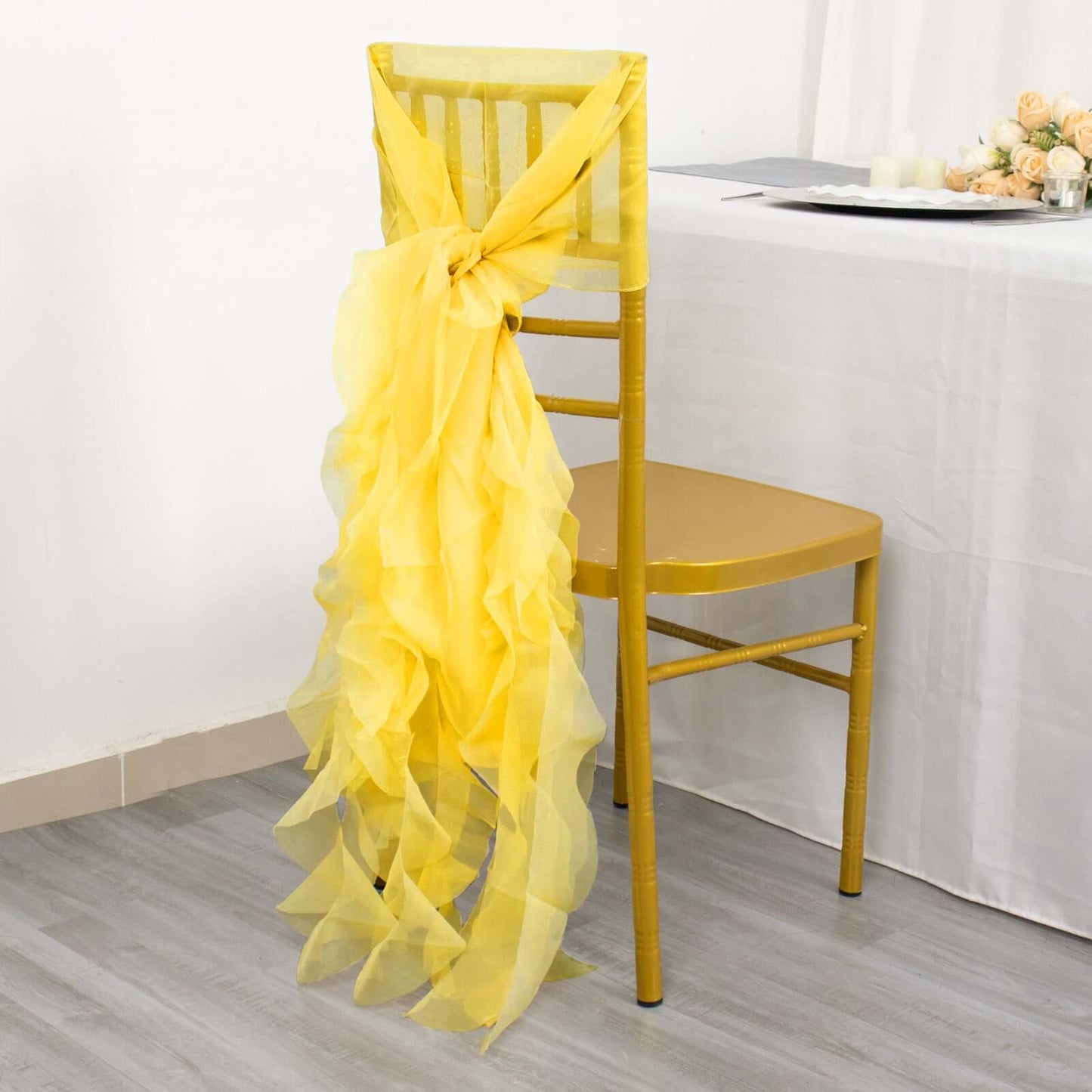 Chiffon Chair Sash with Curly Design Yellow - Stylish Chair Decorations - Linen Luxes