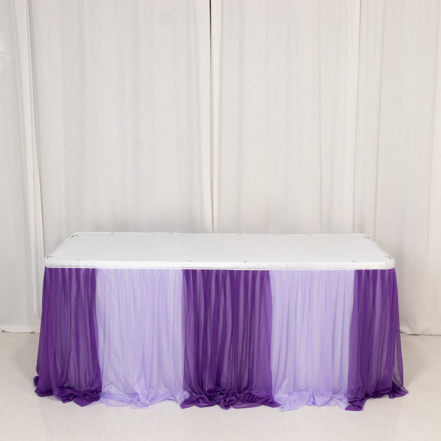 14ft Sheer Pleated Ruffle Skirting Chiffon Table Skirt - Purple and Lavender, Shimmer Sheer, Wrinkle-Free Fabric