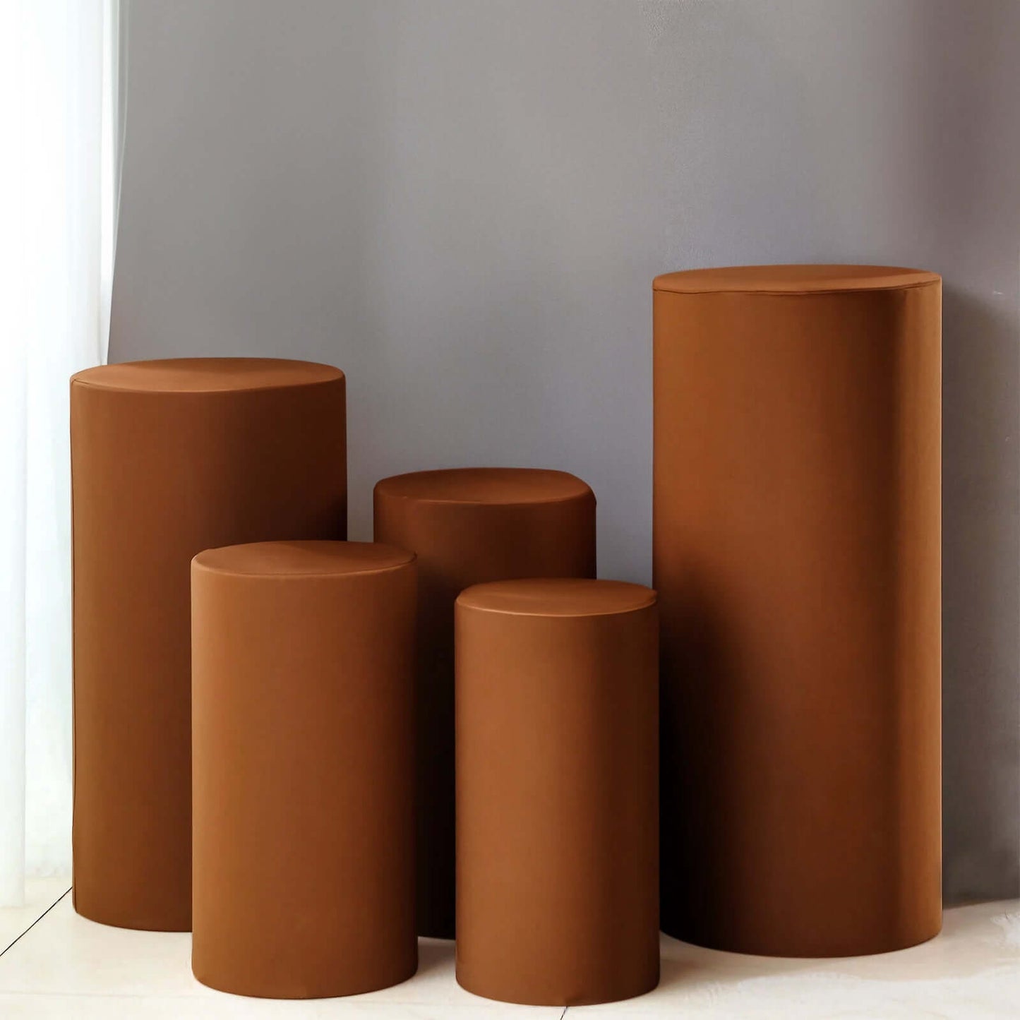 Set of 5 Cinnamon Brown Spandex Cylinder Pedestal Stand Covers, Stretchable Pillar Prop Covers - 160 GSM