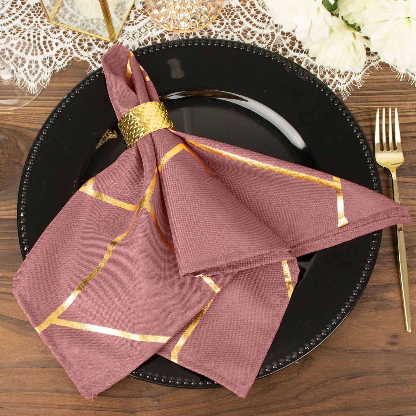 5 Pack Polyester 20"x20" Napkins Cinnamon Rose with Gold Geometric Foil Pattern - Modern Reusable Dinner Napkins