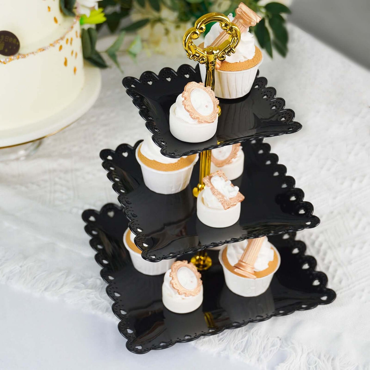3-Tier Plastic Square Cupcake Stand Tower Black - Charming Disposable Dessert Display Serving Tray Platter with Heart Wavy Edge & Gold Top Handle for Tea Parties Weddings & Special Occasions 13"