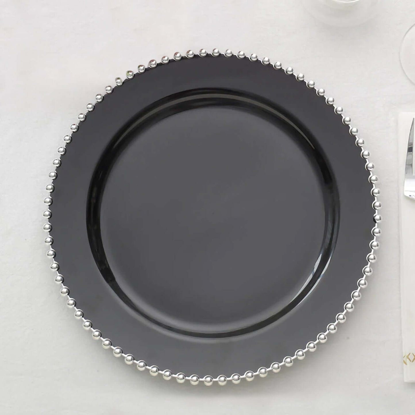 10-Pack Plastic 10" Round Dinner Plates in Black with Silver Beaded Rim - Disposable Party Plates for Banquets & Festive Occasions